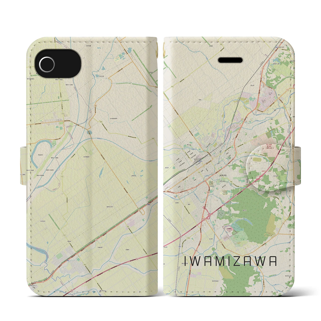 【岩見沢(北海道)】地図柄iPhoneケース(手帳タイプ)ナチュラル・iPhone SE(第3 / 第2世代) / 8 / 7 / 6s / 6 用