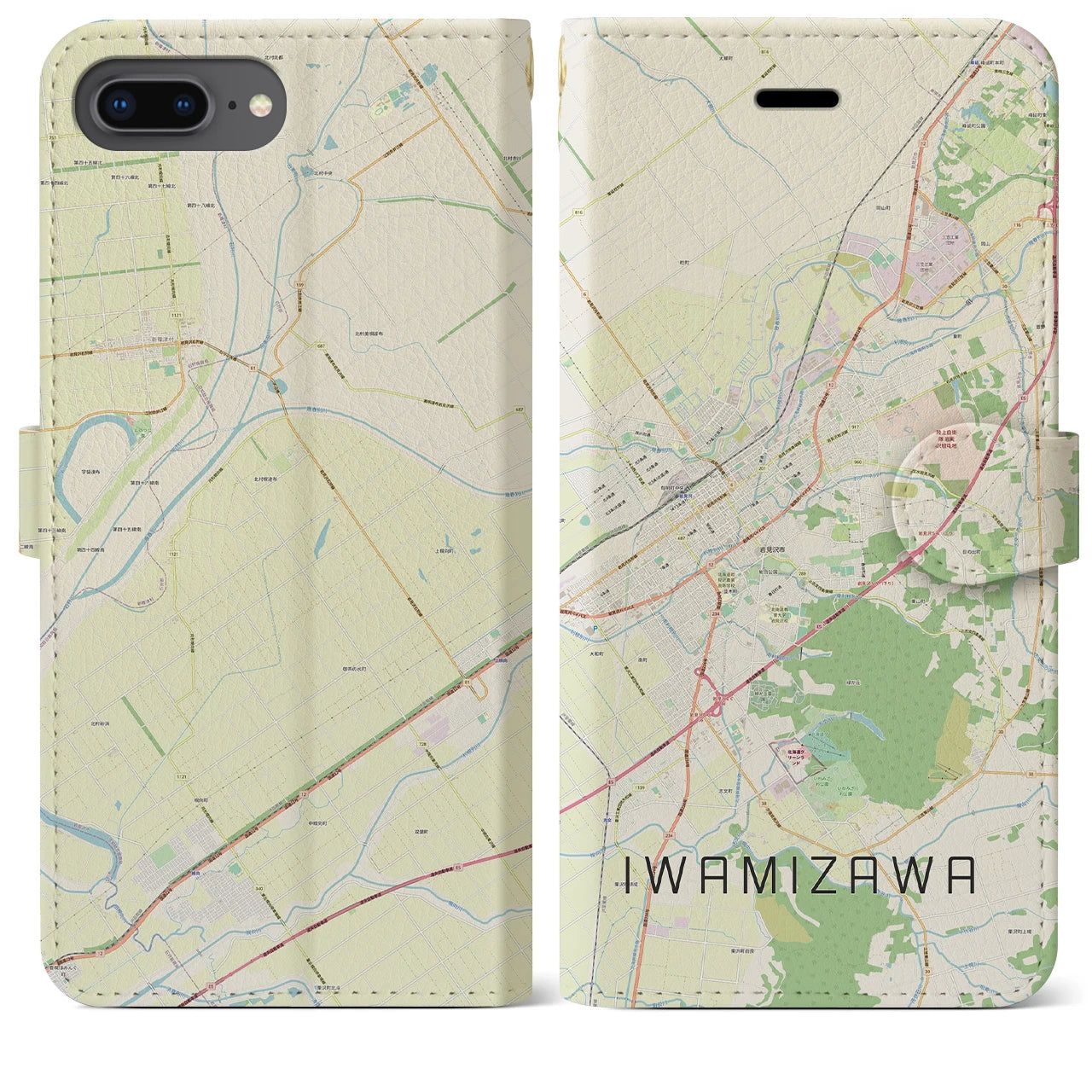 【岩見沢(北海道)】地図柄iPhoneケース(手帳タイプ)ナチュラル・iPhone 8Plus /7Plus / 6sPlus / 6Plus 用