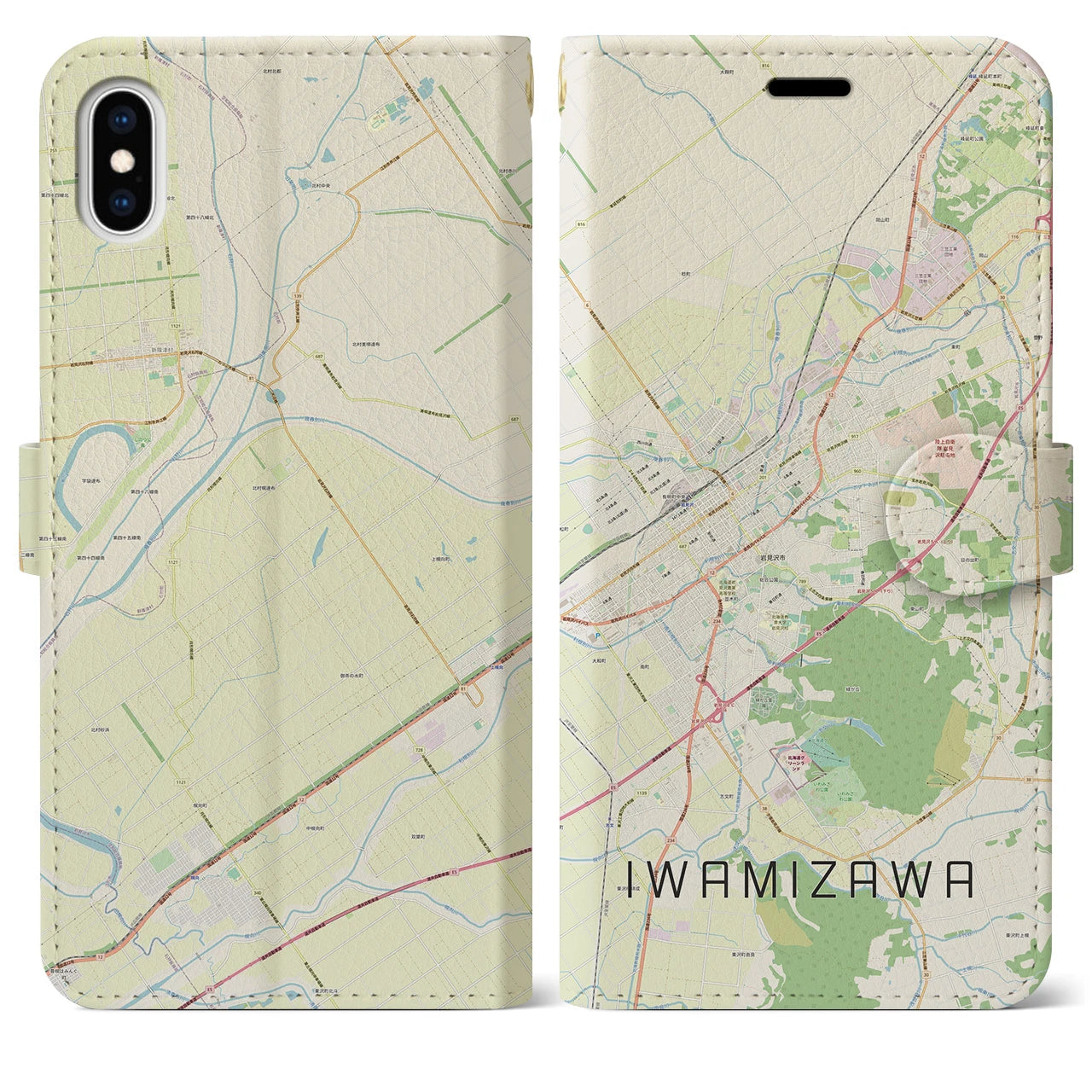 【岩見沢(北海道)】地図柄iPhoneケース(手帳タイプ)ナチュラル・iPhone XS Max 用