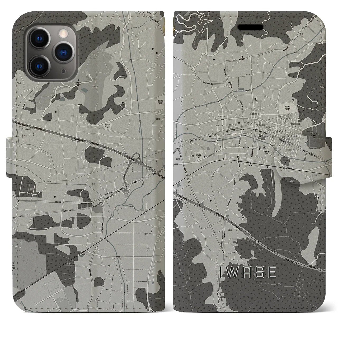 【岩瀬(茨城県)】地図柄iPhoneケース(手帳タイプ)モノトーン・iPhone 11 Pro Max 用