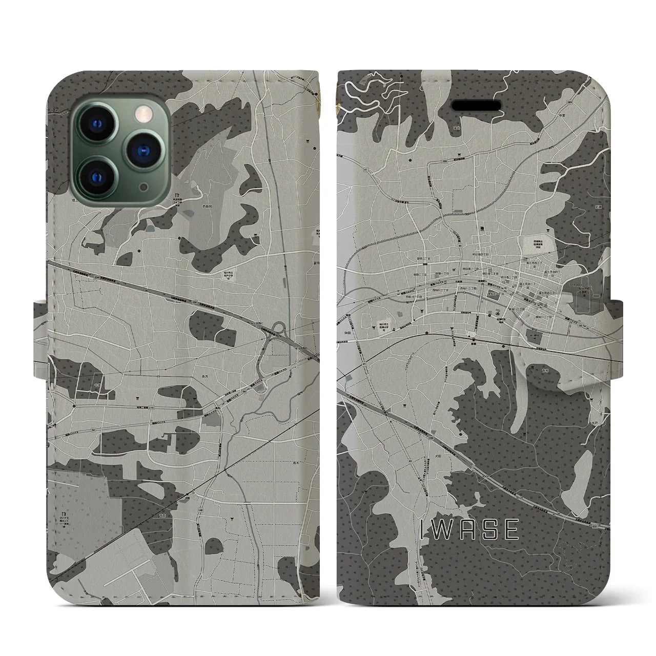 【岩瀬(茨城県)】地図柄iPhoneケース(手帳タイプ)モノトーン・iPhone 11 Pro 用