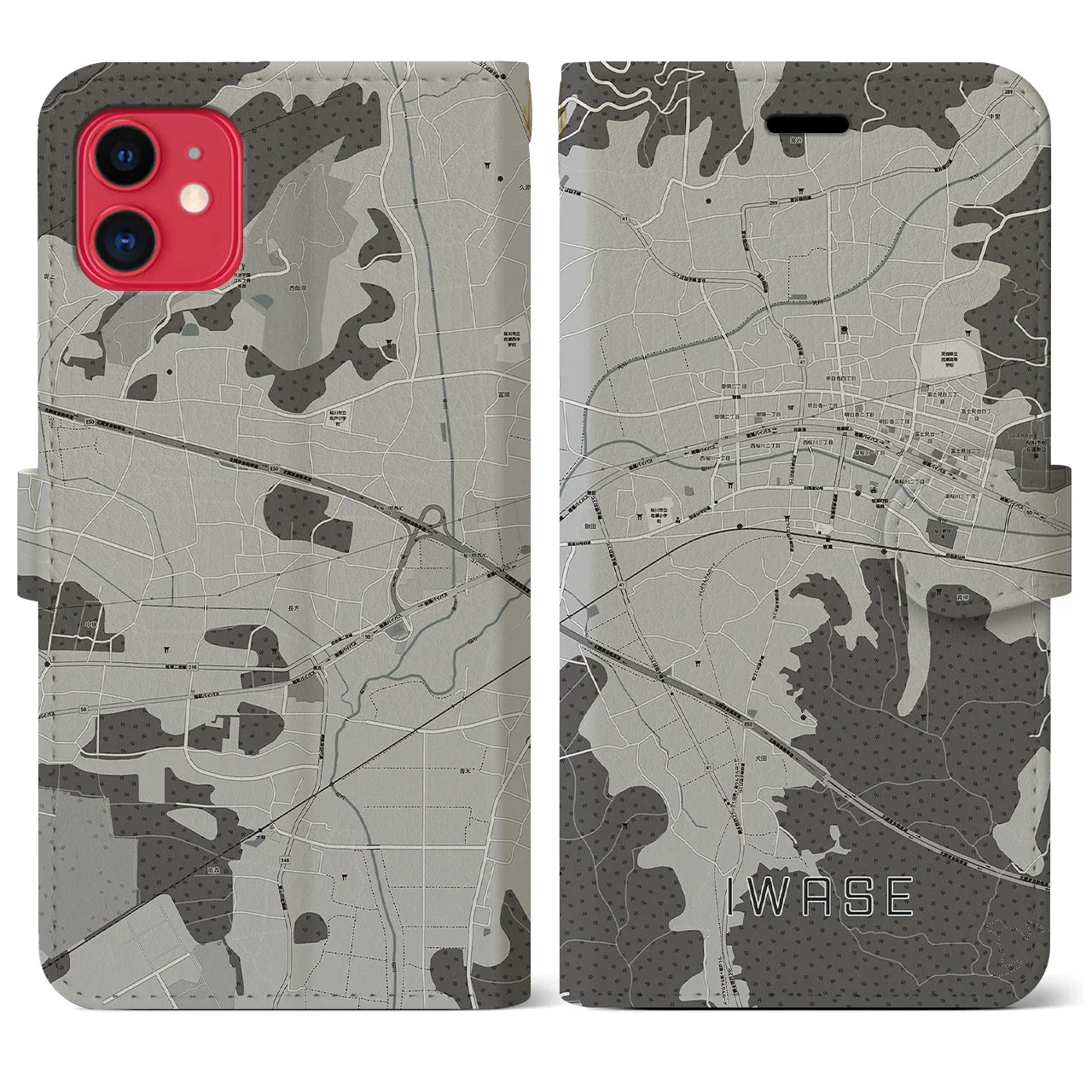 【岩瀬(茨城県)】地図柄iPhoneケース(手帳タイプ)モノトーン・iPhone 11 用