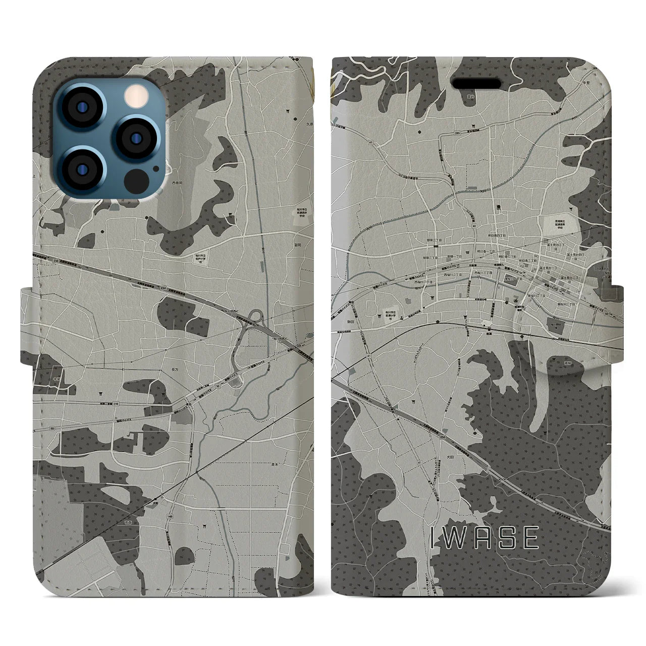 【岩瀬(茨城県)】地図柄iPhoneケース(手帳タイプ)モノトーン・iPhone 12 / 12 Pro 用