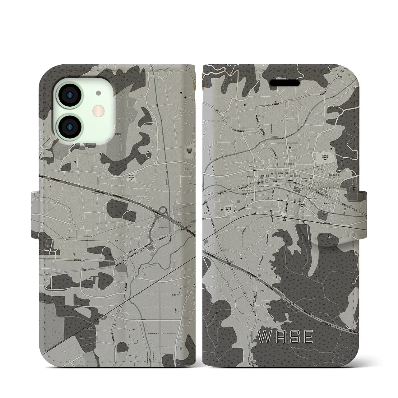 【岩瀬(茨城県)】地図柄iPhoneケース(手帳タイプ)モノトーン・iPhone 12 mini 用