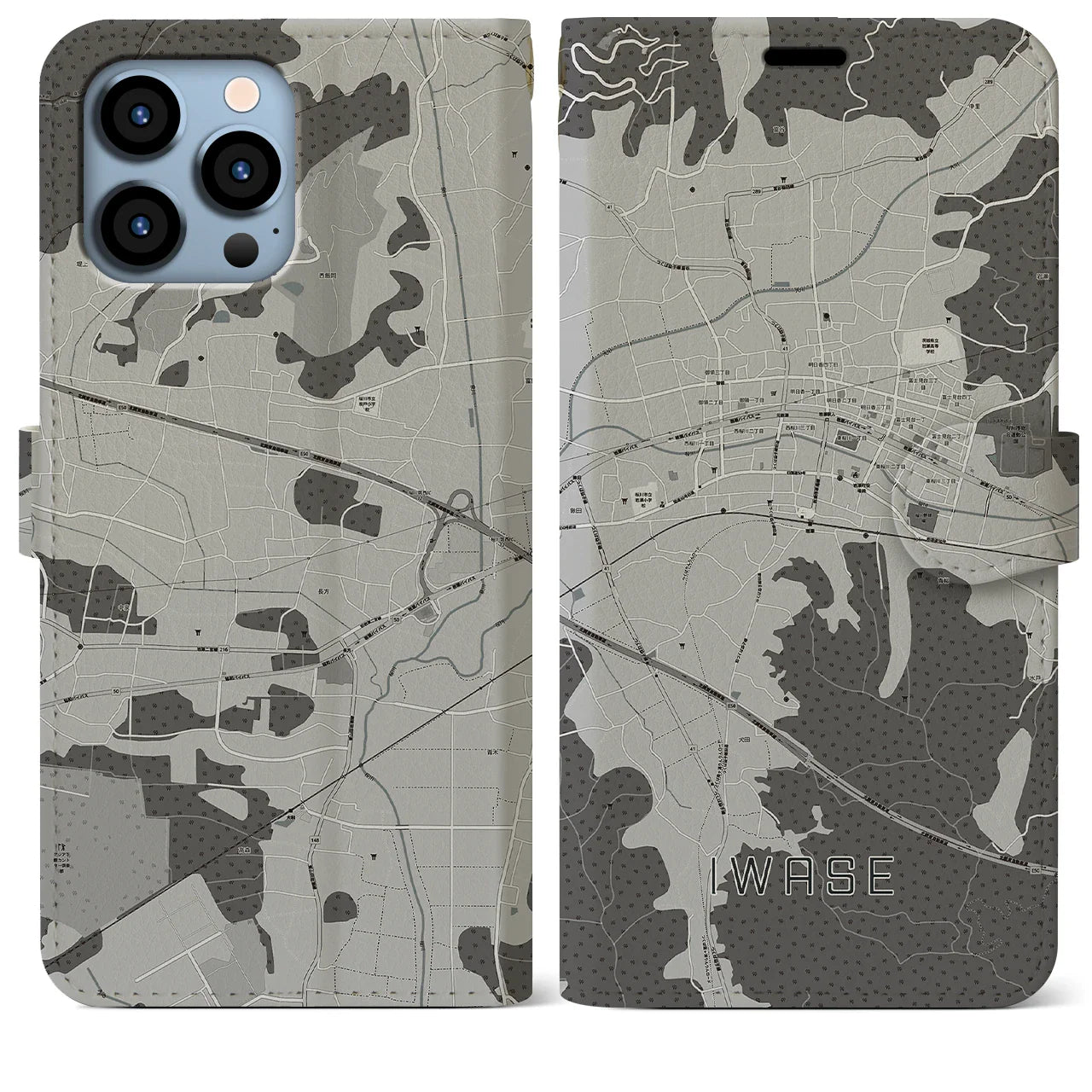 【岩瀬(茨城県)】地図柄iPhoneケース(手帳タイプ)モノトーン・iPhone 13 Pro Max 用