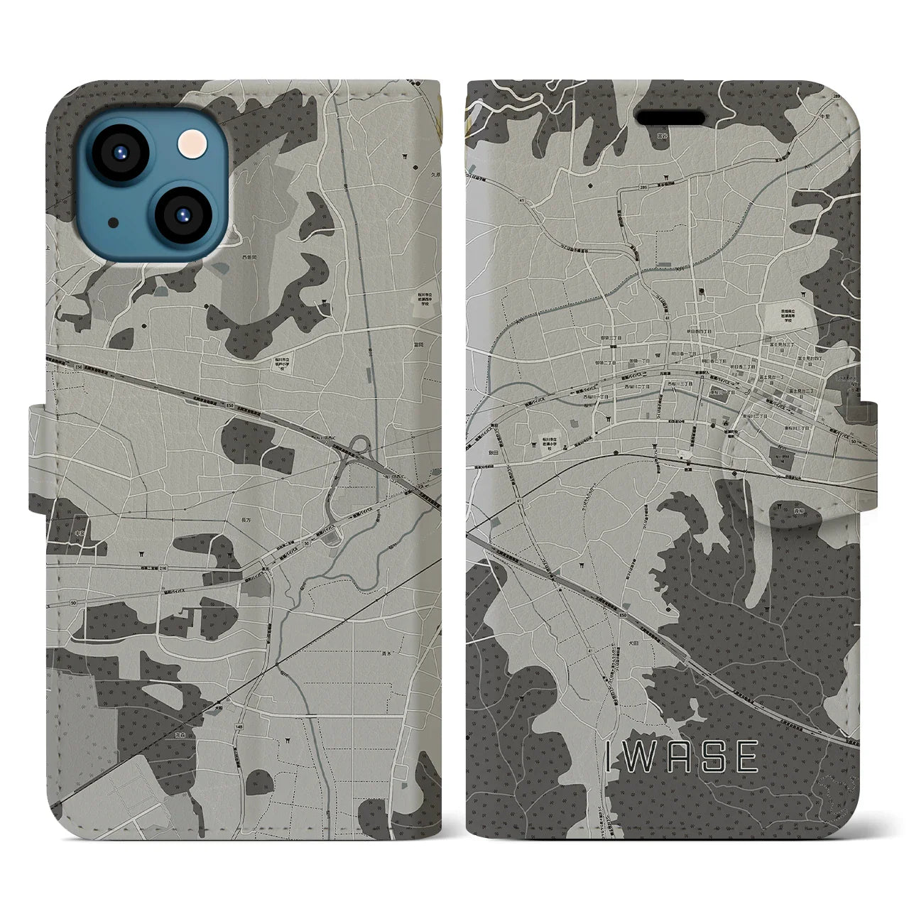 【岩瀬(茨城県)】地図柄iPhoneケース(手帳タイプ)モノトーン・iPhone 13 用