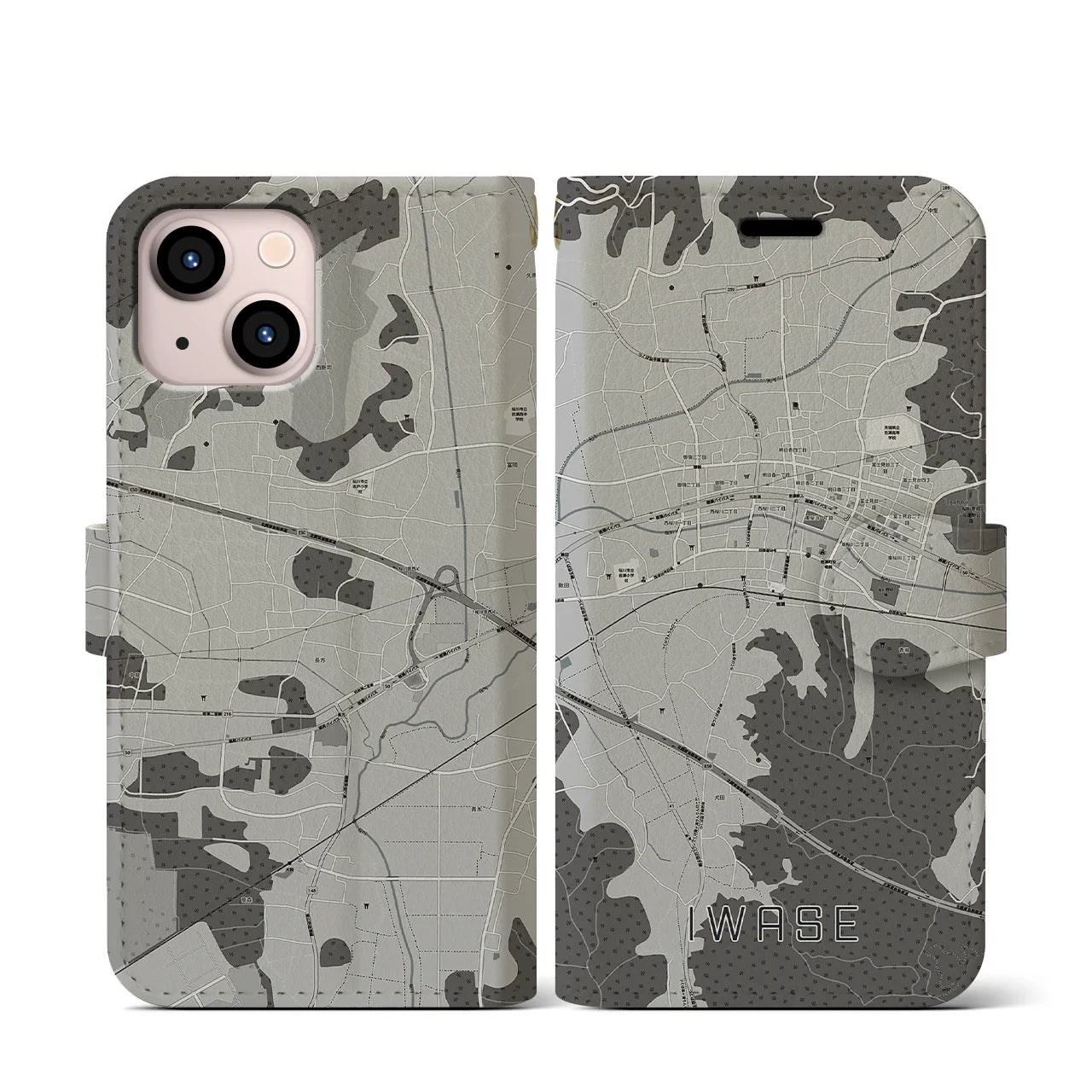【岩瀬(茨城県)】地図柄iPhoneケース(手帳タイプ)モノトーン・iPhone 13 mini 用