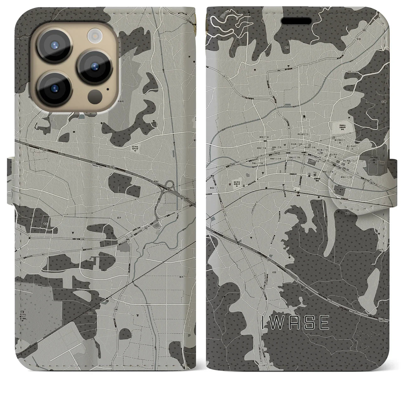 【岩瀬(茨城県)】地図柄iPhoneケース(手帳タイプ)モノトーン・iPhone 14 Pro Max 用