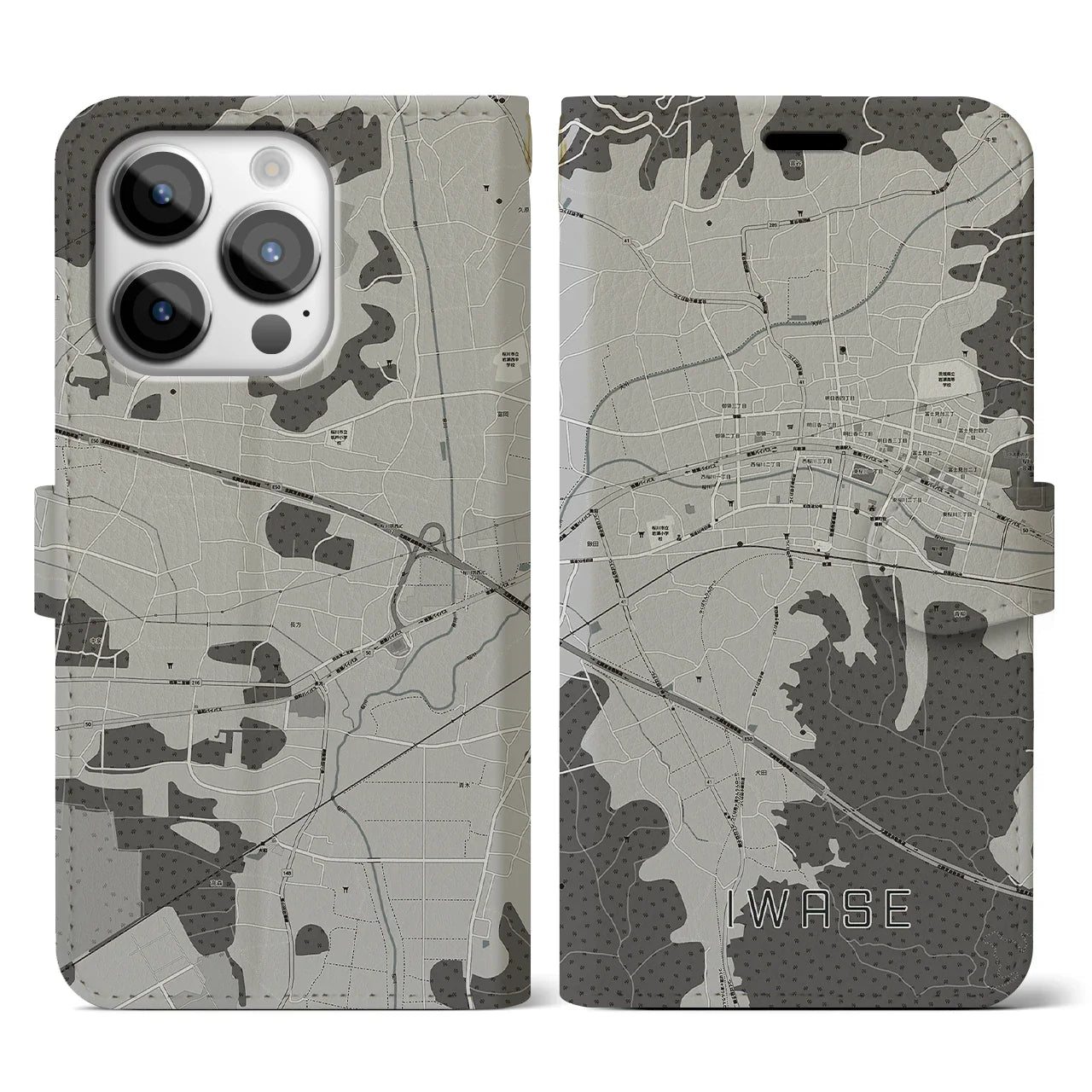 【岩瀬(茨城県)】地図柄iPhoneケース(手帳タイプ)モノトーン・iPhone 14 Pro 用