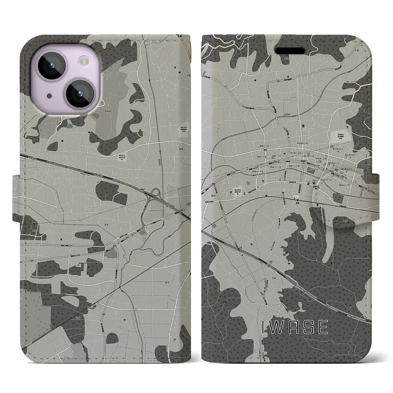 【岩瀬(茨城県)】地図柄iPhoneケース(手帳タイプ)モノトーン・iPhone 14 用