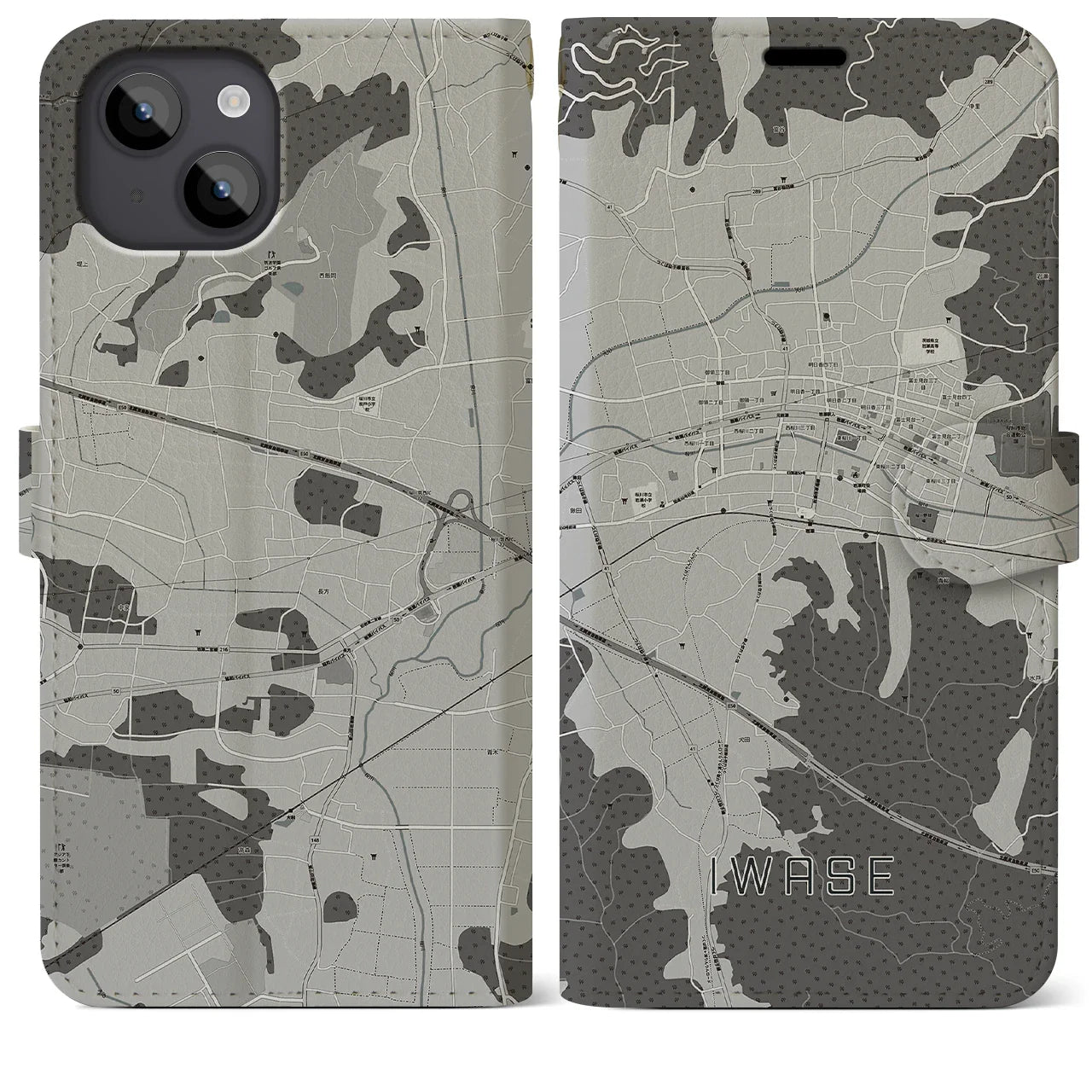 【岩瀬(茨城県)】地図柄iPhoneケース(手帳タイプ)モノトーン・iPhone 14 Plus 用