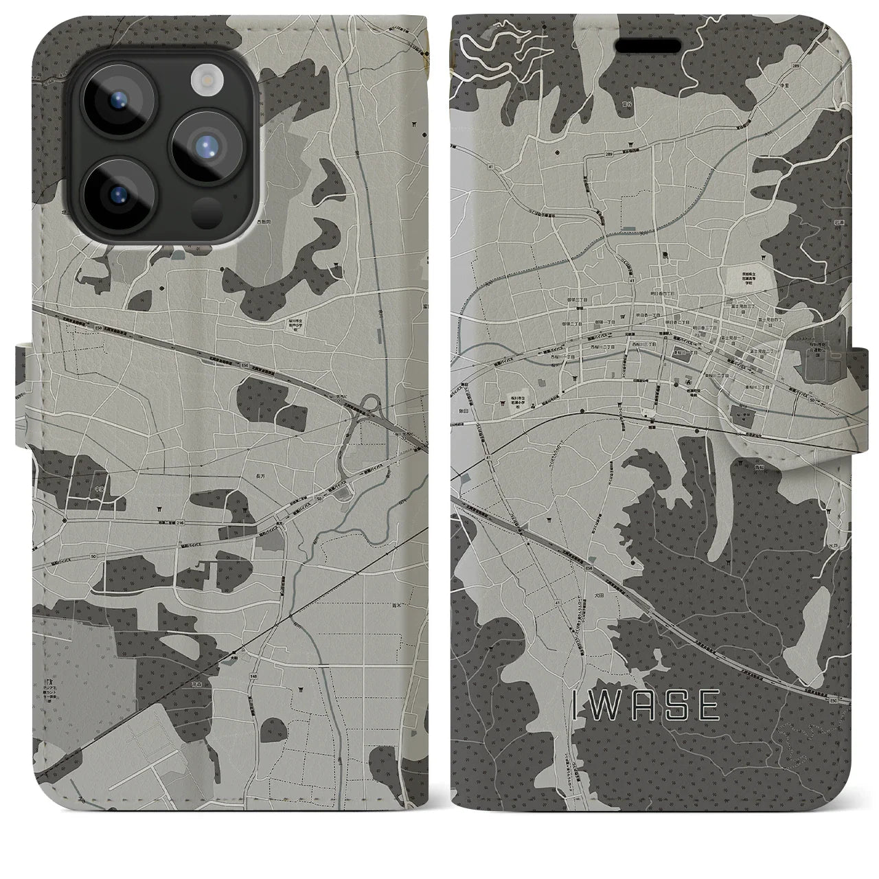 【岩瀬(茨城県)】地図柄iPhoneケース(手帳タイプ)モノトーン・iPhone 15 Pro Max 用