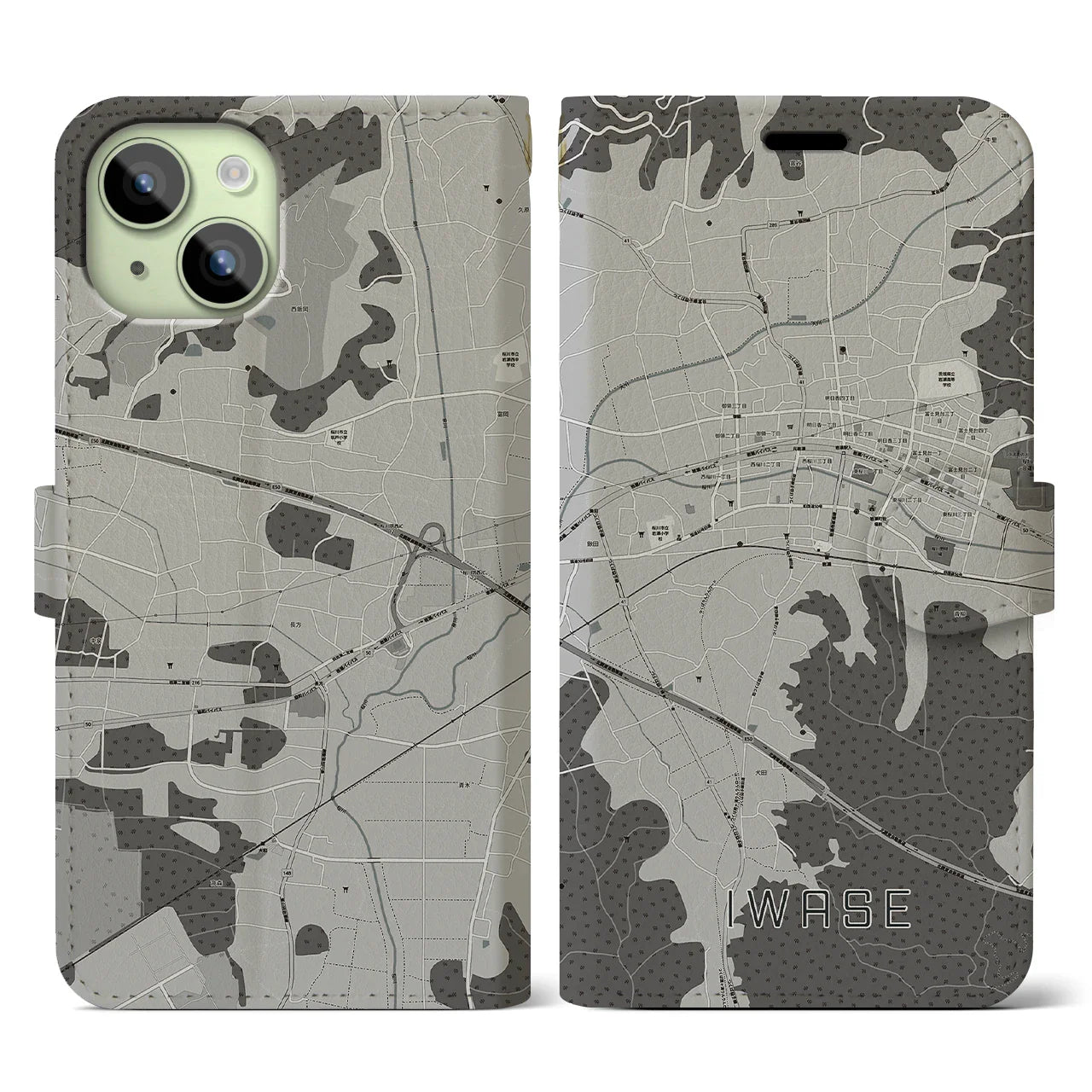 【岩瀬(茨城県)】地図柄iPhoneケース(手帳タイプ)モノトーン・iPhone 15 用