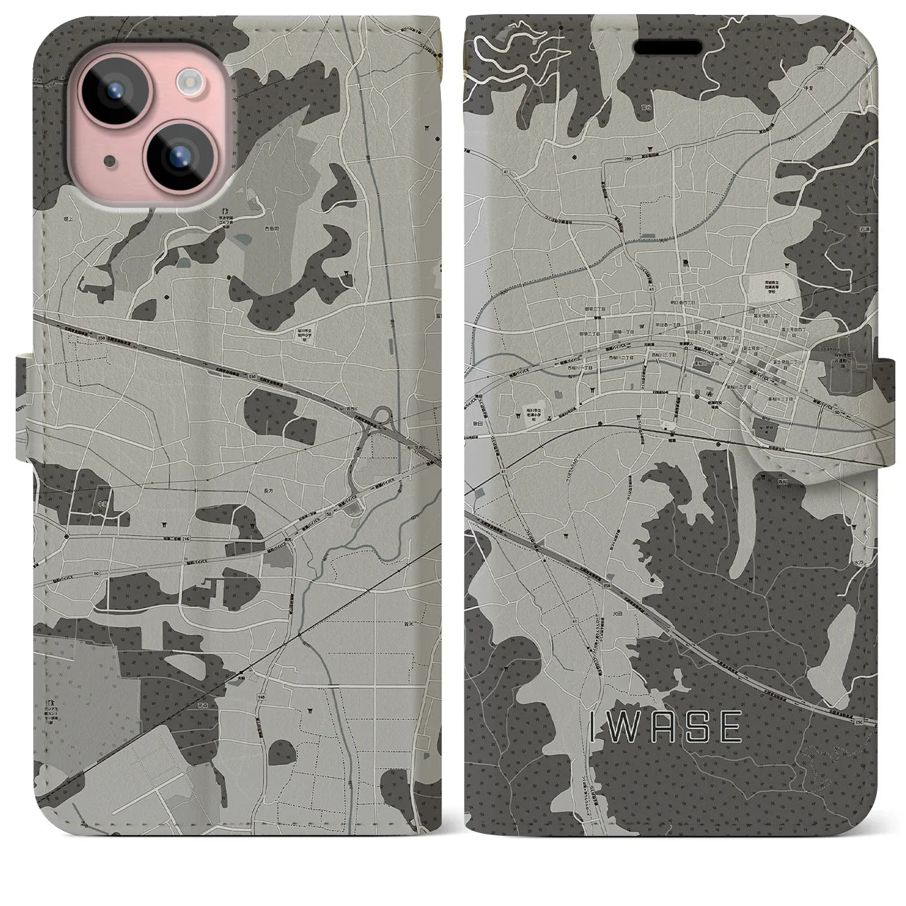 【岩瀬(茨城県)】地図柄iPhoneケース(手帳タイプ)モノトーン・iPhone 15 Plus 用