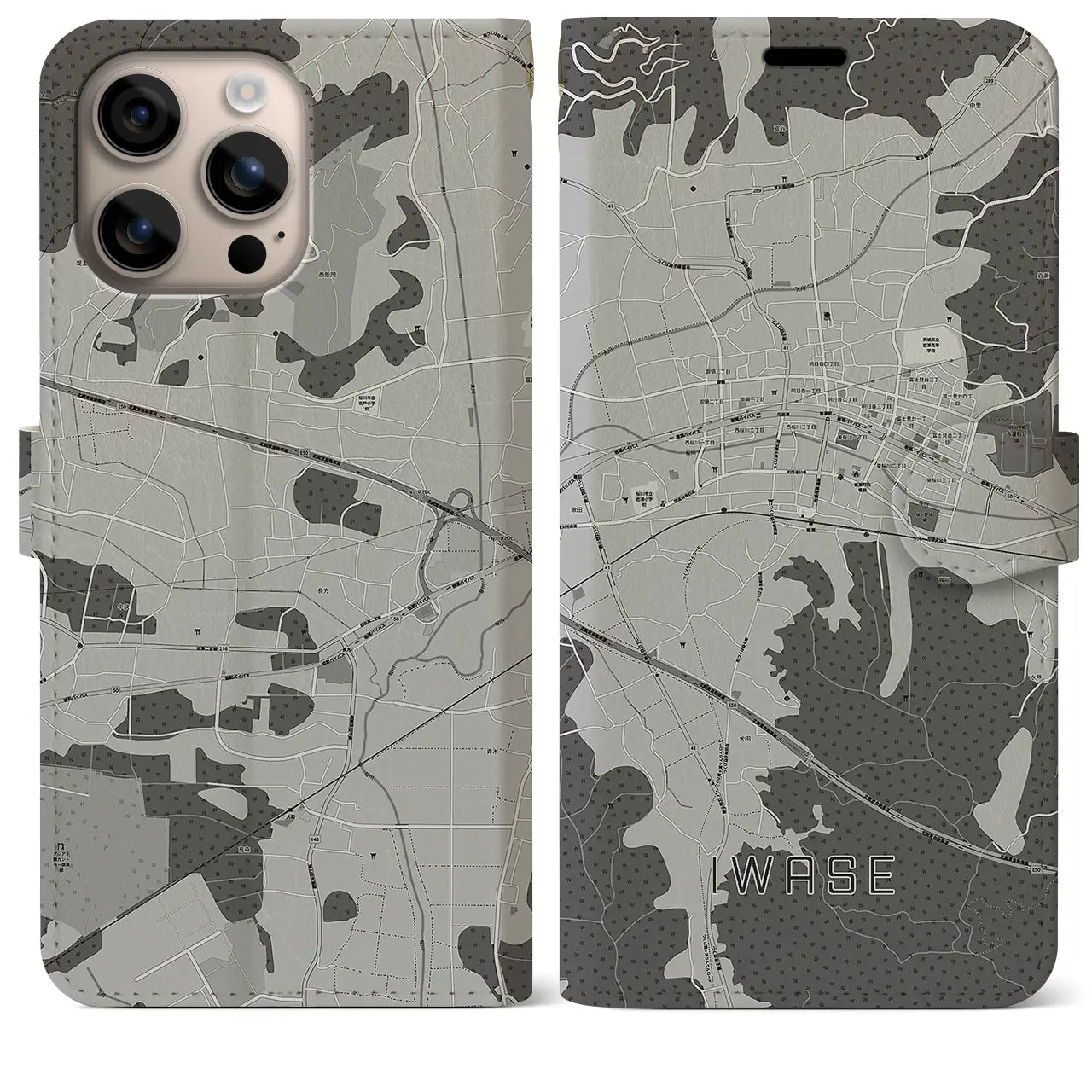 【岩瀬(茨城県)】地図柄iPhoneケース(手帳タイプ)モノトーン・iPhone 16 Plus 用