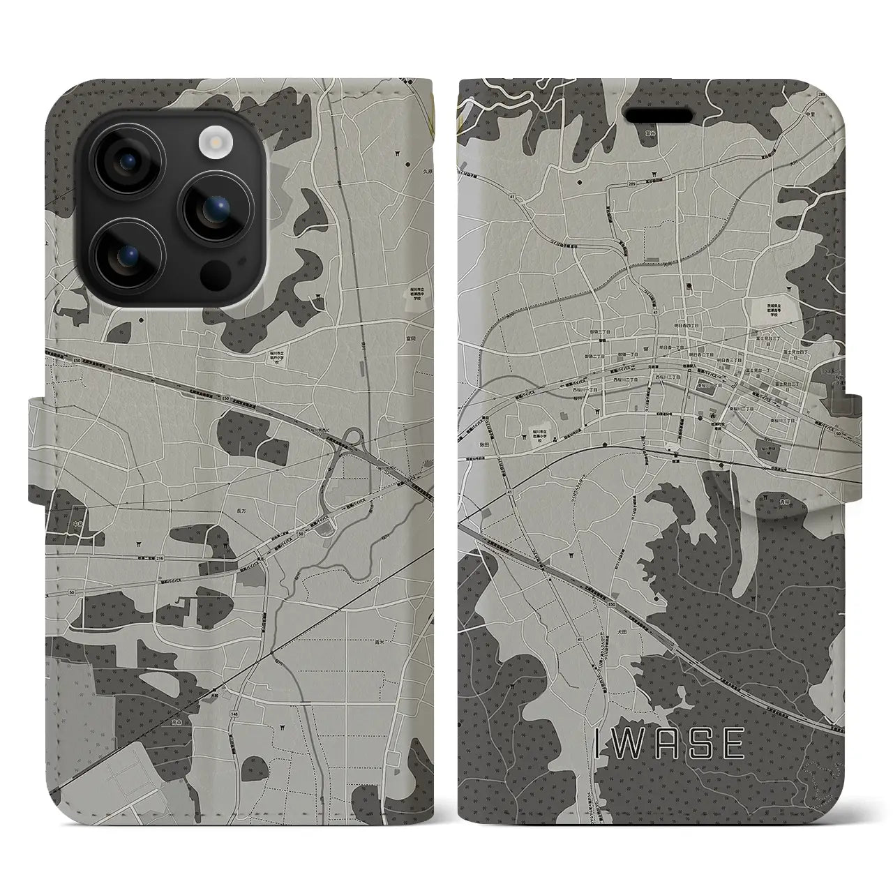 【岩瀬(茨城県)】地図柄iPhoneケース(手帳タイプ)モノトーン・iPhone 16 用