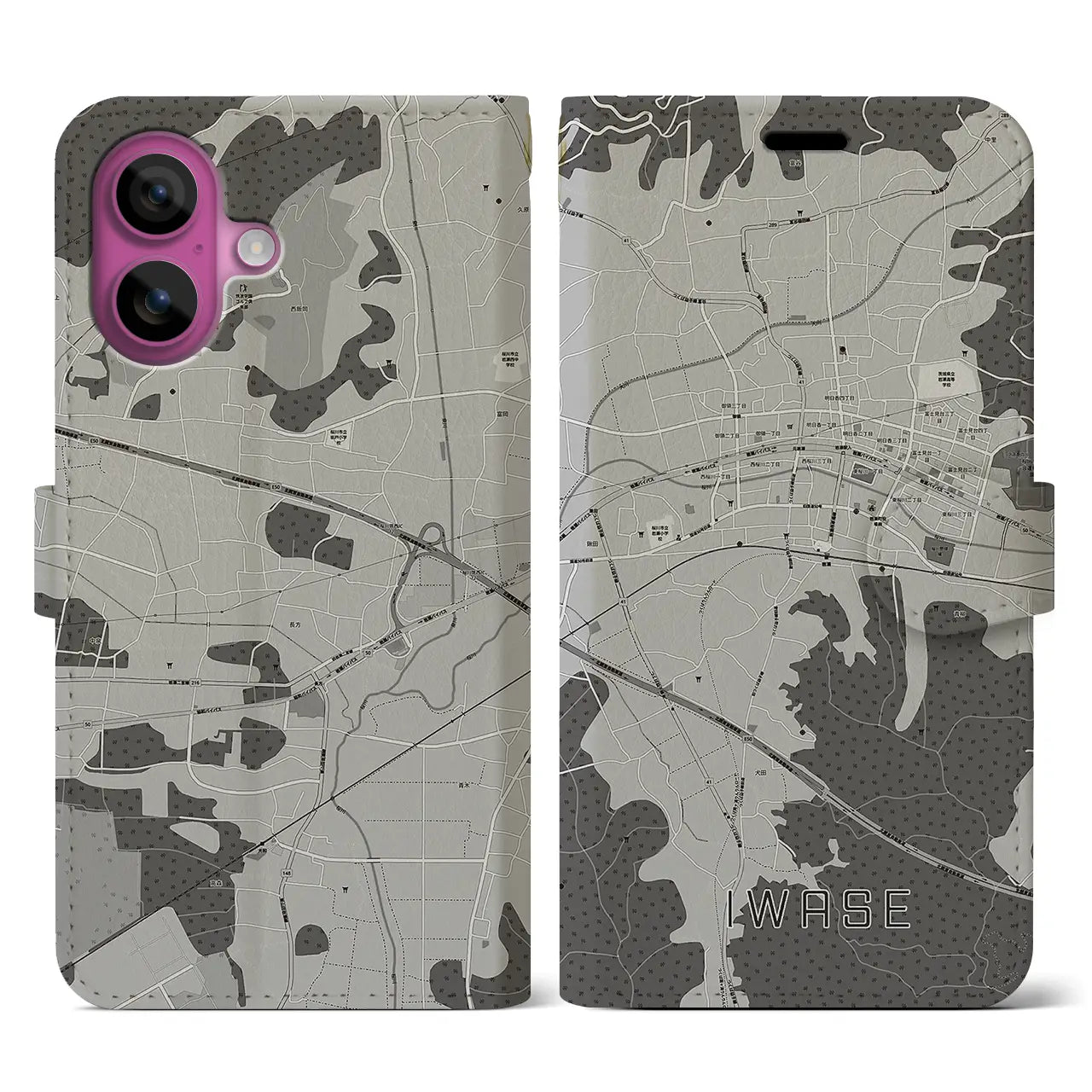 【岩瀬(茨城県)】地図柄iPhoneケース(手帳タイプ)モノトーン・iPhone 16 Pro 用