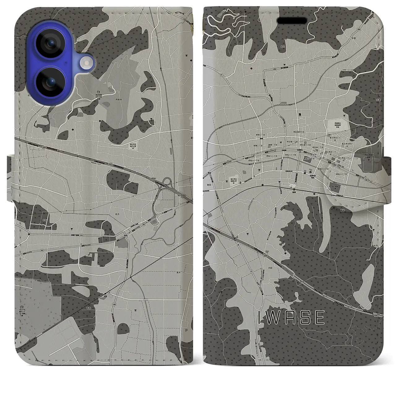 【岩瀬(茨城県)】地図柄iPhoneケース(手帳タイプ)モノトーン・iPhone 16 Pro Max 用