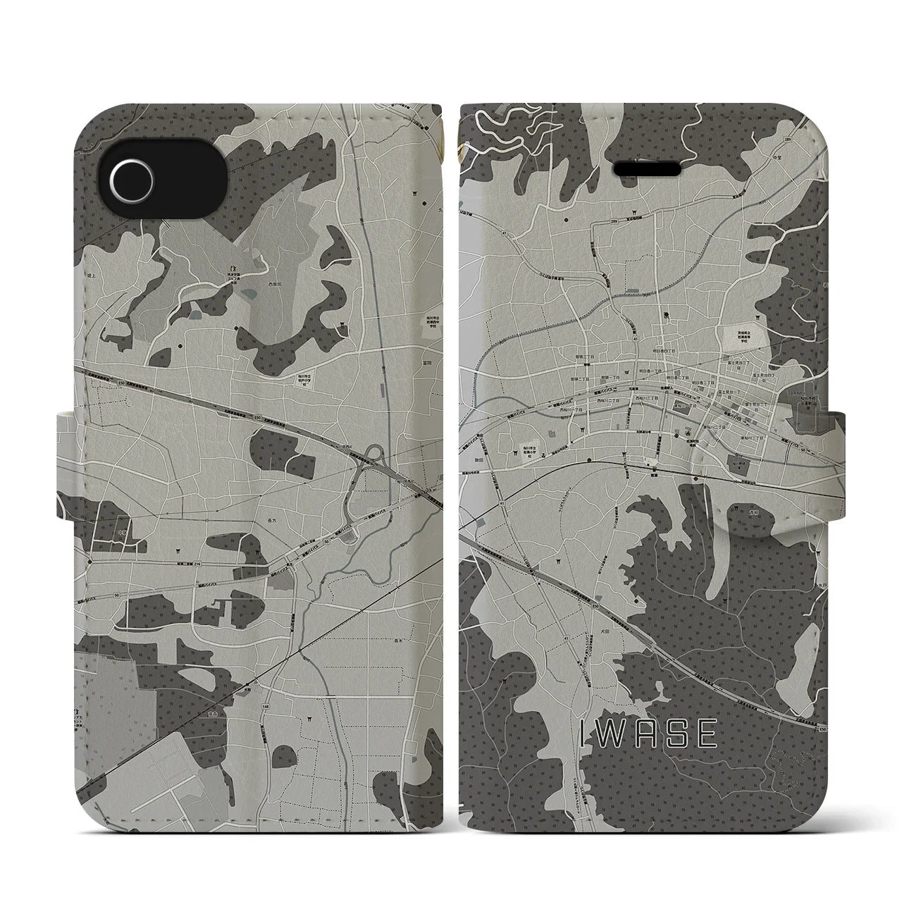 【岩瀬(茨城県)】地図柄iPhoneケース(手帳タイプ)モノトーン・iPhone SE(第3 / 第2世代) / 8 / 7 / 6s / 6 用