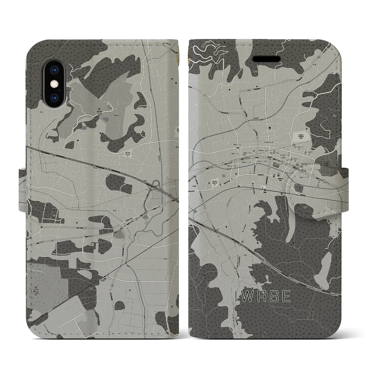 【岩瀬(茨城県)】地図柄iPhoneケース(手帳タイプ)モノトーン・iPhone XS / X 用