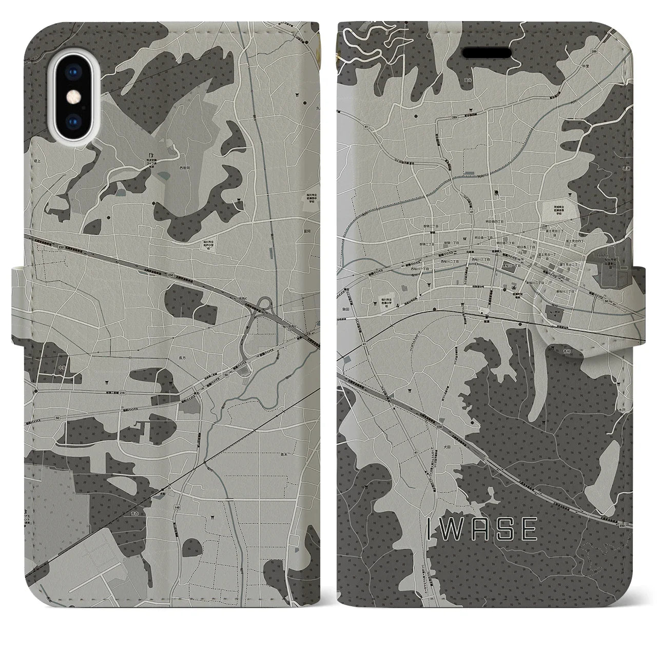 【岩瀬(茨城県)】地図柄iPhoneケース(手帳タイプ)モノトーン・iPhone XS Max 用
