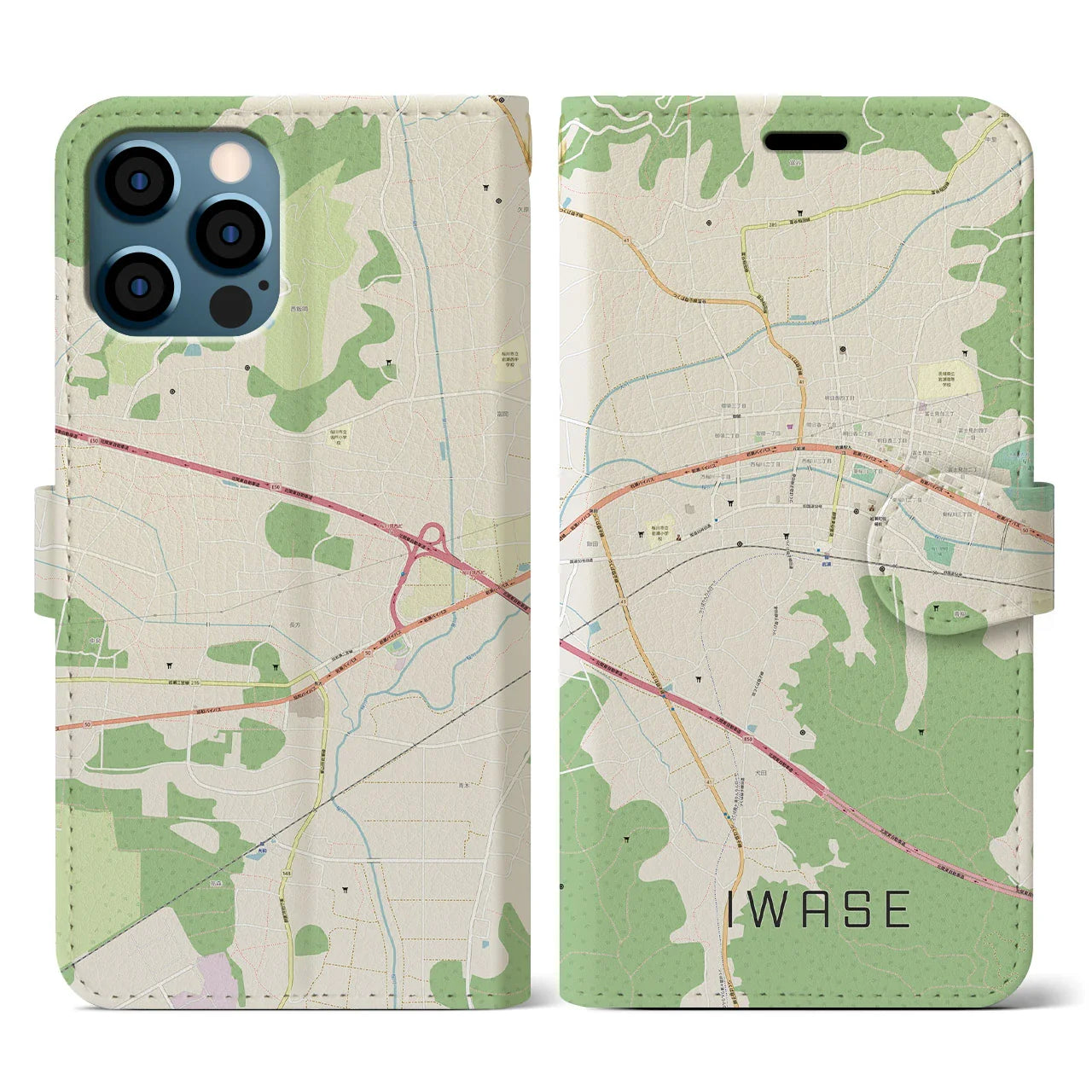 【岩瀬(茨城県)】地図柄iPhoneケース(手帳タイプ)ナチュラル・iPhone 12 / 12 Pro 用