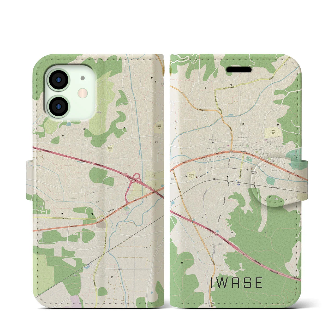 【岩瀬(茨城県)】地図柄iPhoneケース(手帳タイプ)ナチュラル・iPhone 12 mini 用