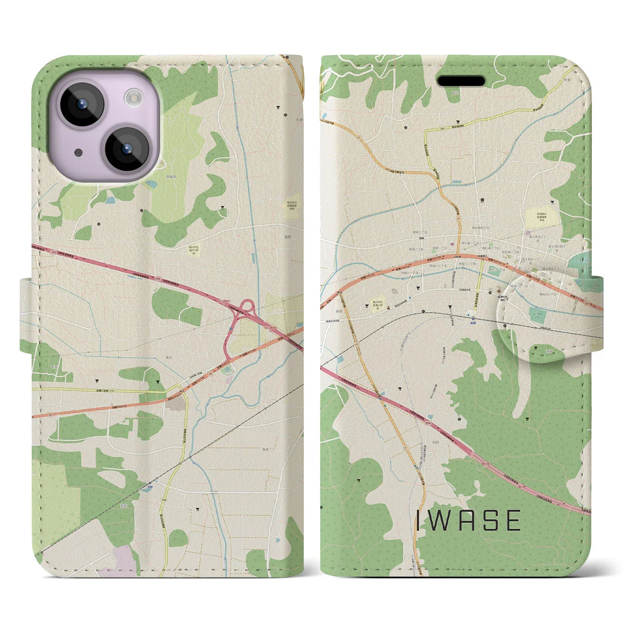 【岩瀬(茨城県)】地図柄iPhoneケース(手帳タイプ)ナチュラル・iPhone 14 用