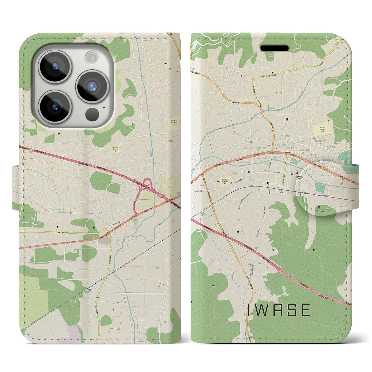 【岩瀬(茨城県)】地図柄iPhoneケース(手帳タイプ)ナチュラル・iPhone 15 Pro 用