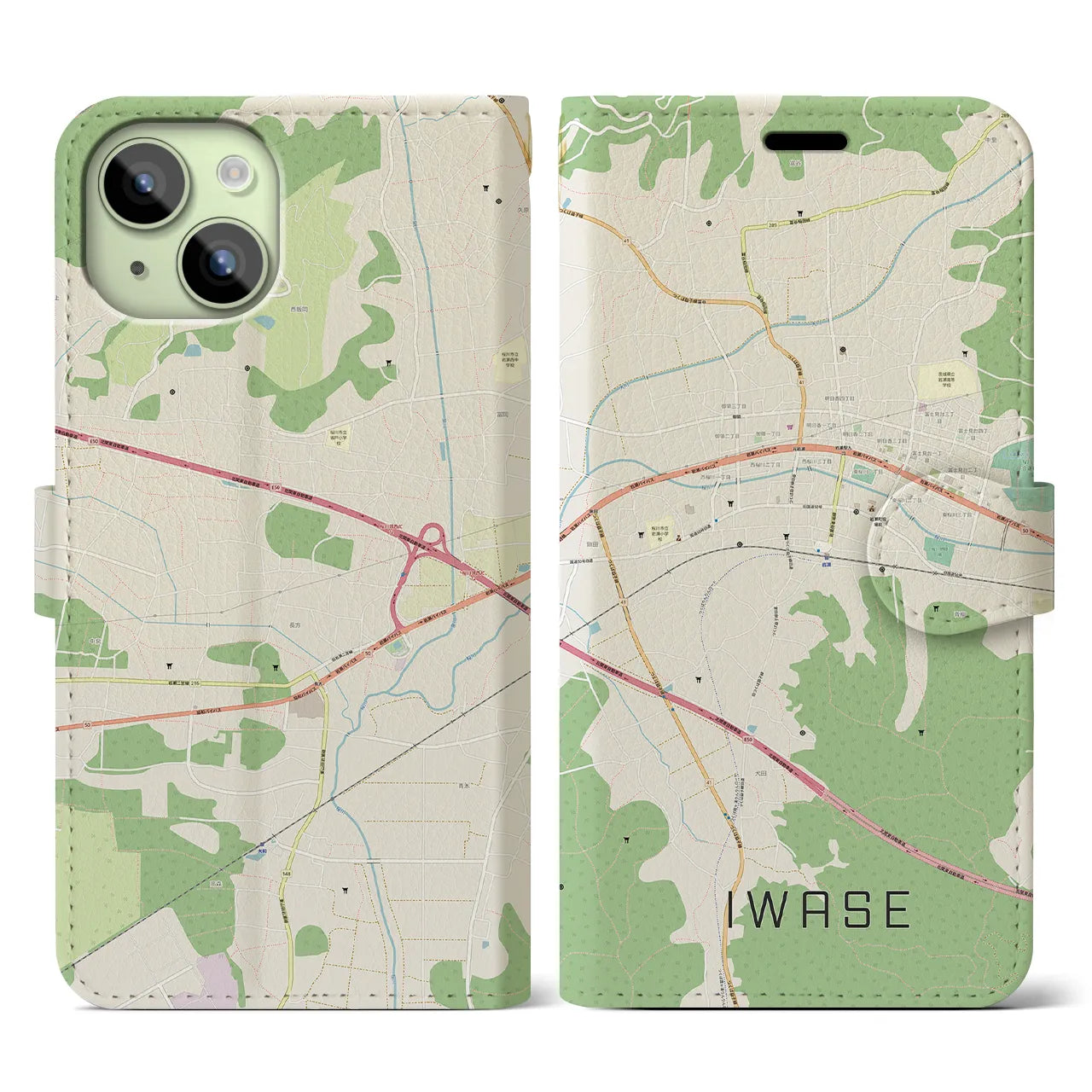 【岩瀬(茨城県)】地図柄iPhoneケース(手帳タイプ)ナチュラル・iPhone 15 用