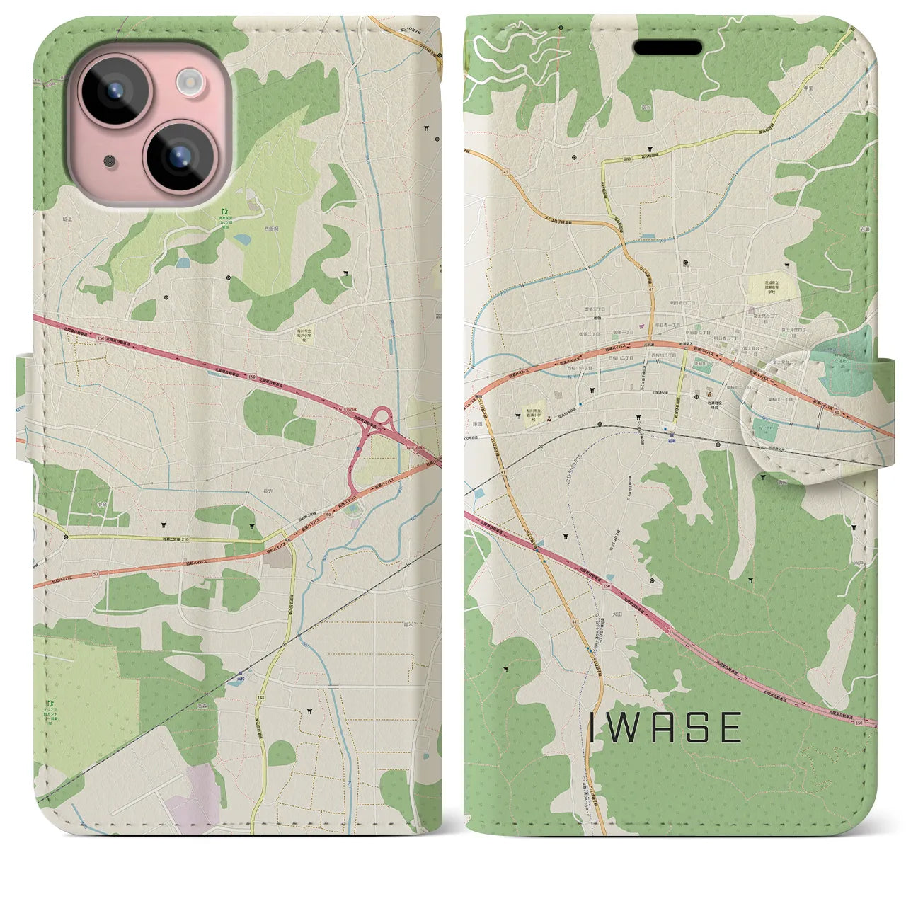 【岩瀬(茨城県)】地図柄iPhoneケース(手帳タイプ)ナチュラル・iPhone 15 Plus 用