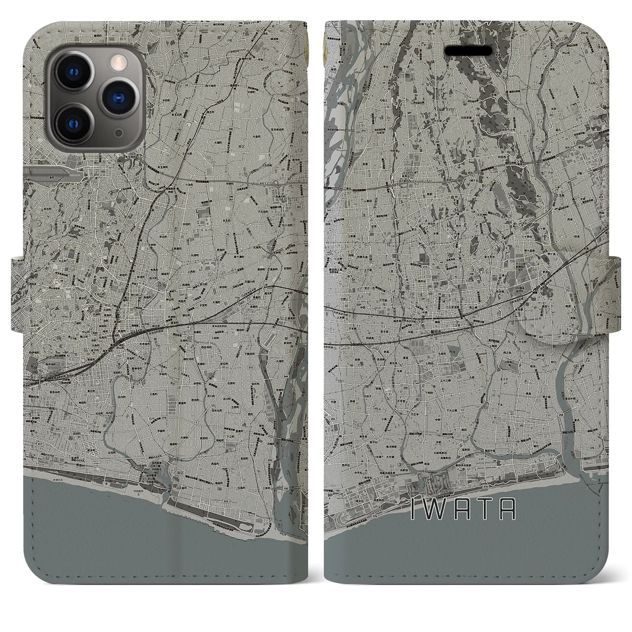 【磐田(静岡県)】地図柄iPhoneケース(手帳タイプ)モノトーン・iPhone 11 Pro Max 用