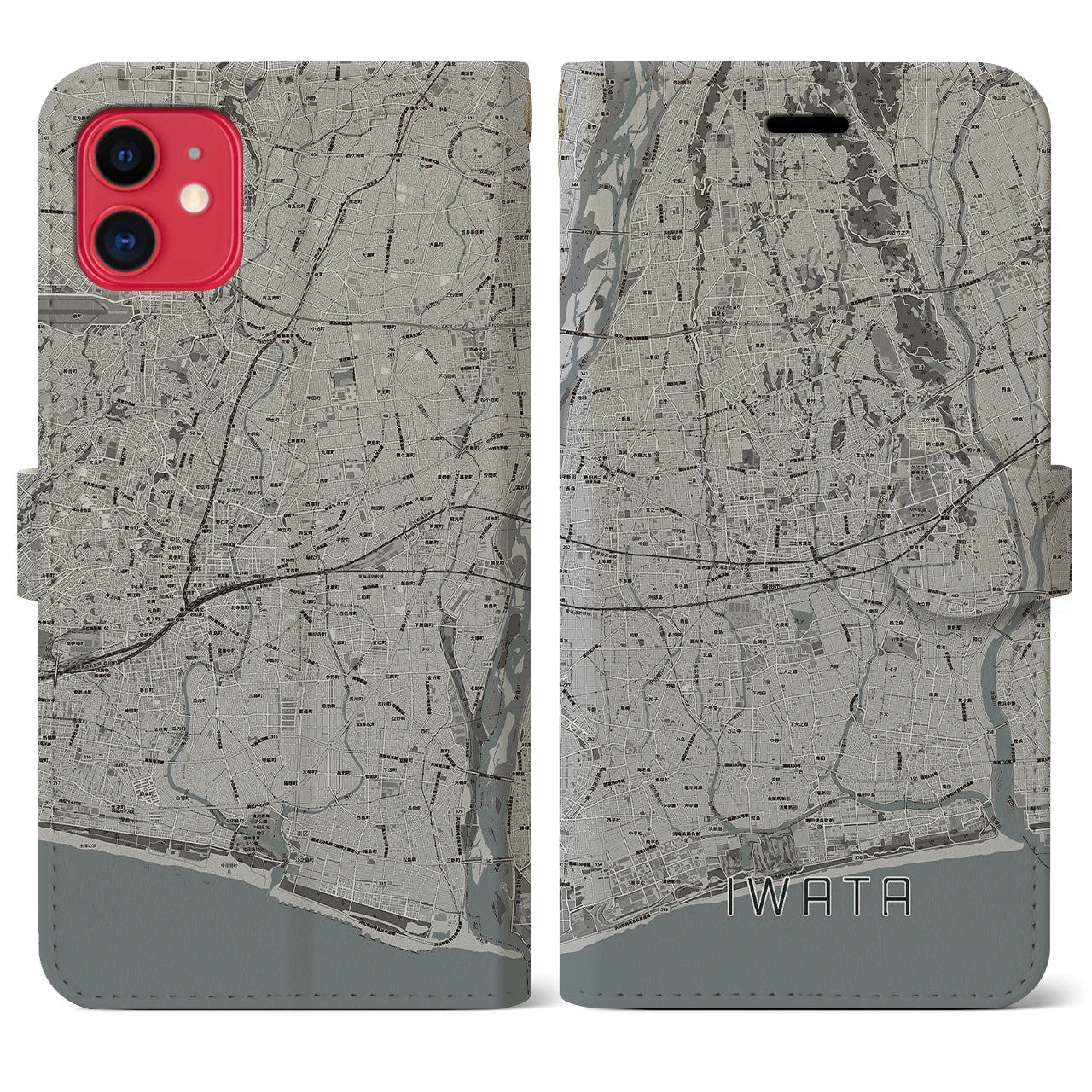 【磐田(静岡県)】地図柄iPhoneケース(手帳タイプ)モノトーン・iPhone 11 用