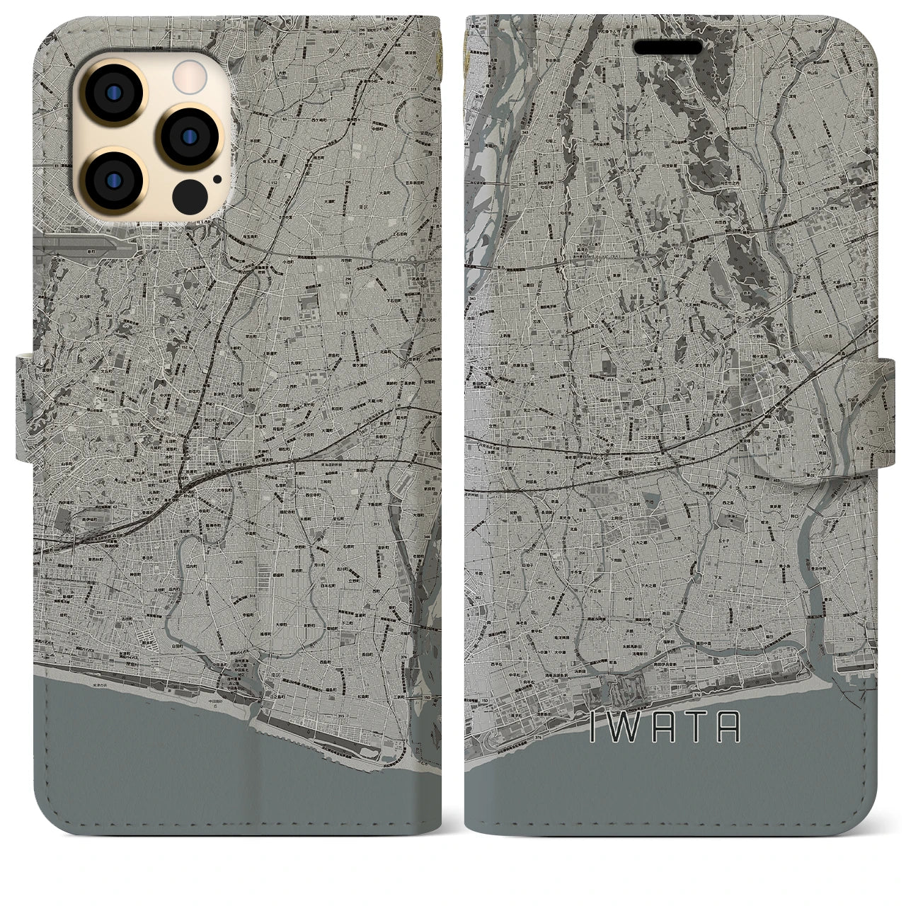 【磐田(静岡県)】地図柄iPhoneケース(手帳タイプ)モノトーン・iPhone 12 Pro Max 用
