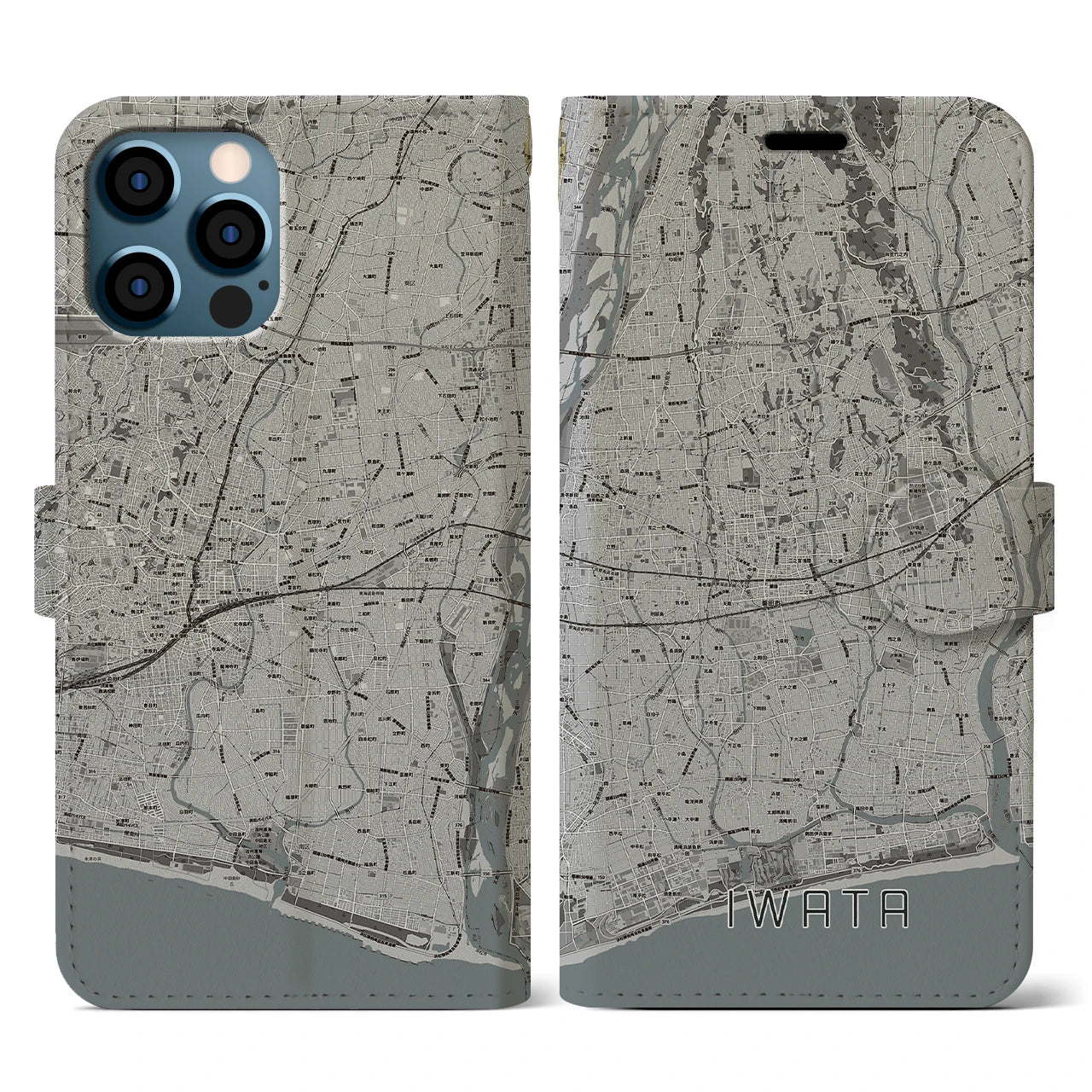 【磐田(静岡県)】地図柄iPhoneケース(手帳タイプ)モノトーン・iPhone 12 / 12 Pro 用