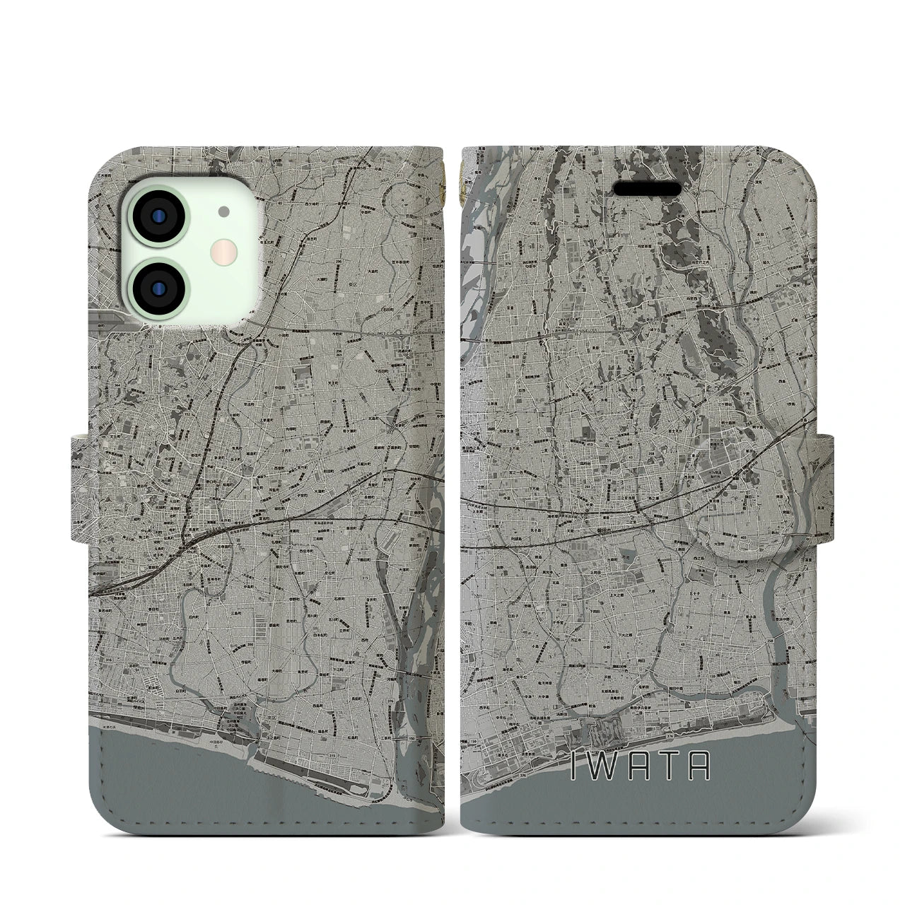 【磐田(静岡県)】地図柄iPhoneケース(手帳タイプ)モノトーン・iPhone 12 mini 用