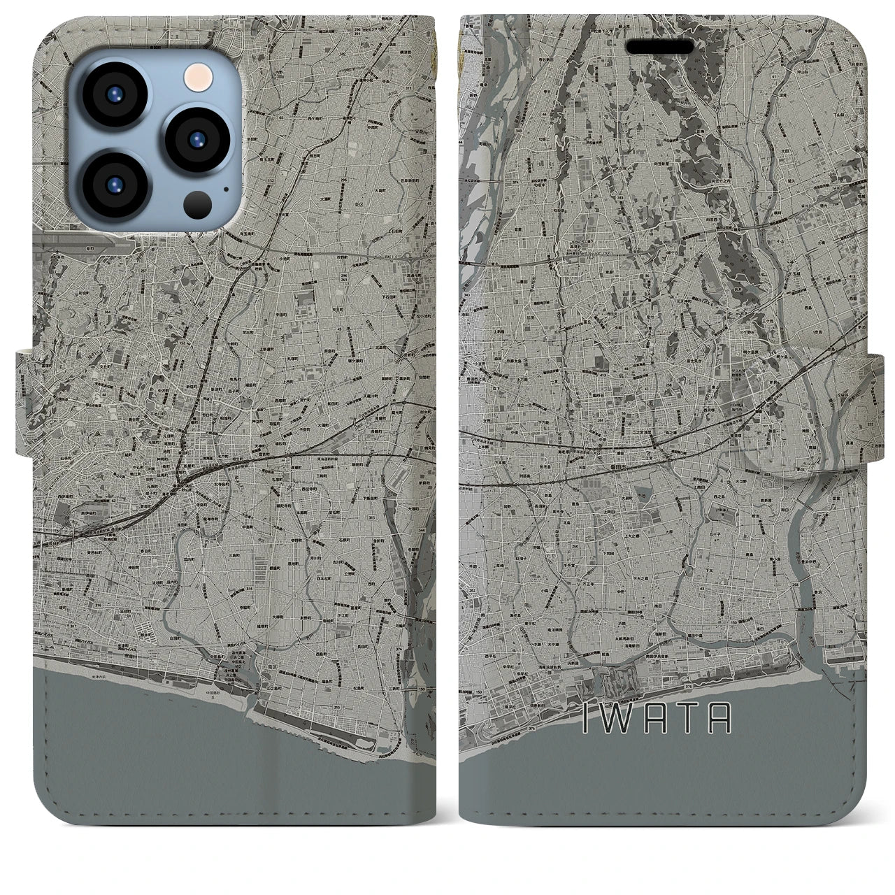 【磐田(静岡県)】地図柄iPhoneケース(手帳タイプ)モノトーン・iPhone 13 Pro Max 用