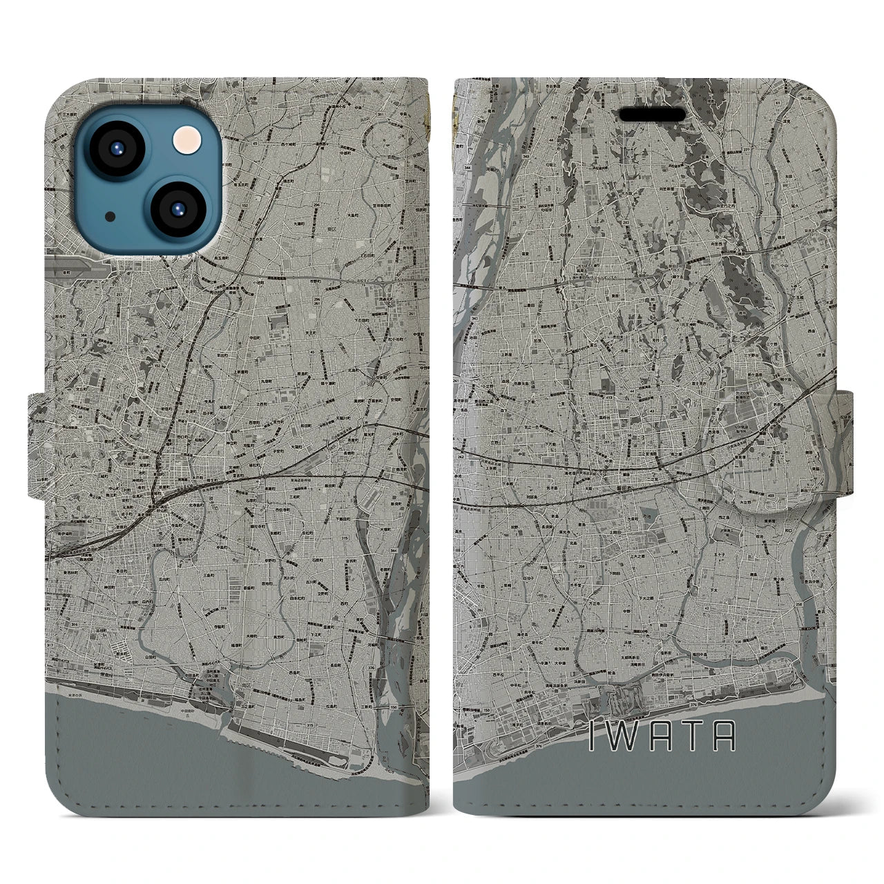 【磐田(静岡県)】地図柄iPhoneケース(手帳タイプ)モノトーン・iPhone 13 用