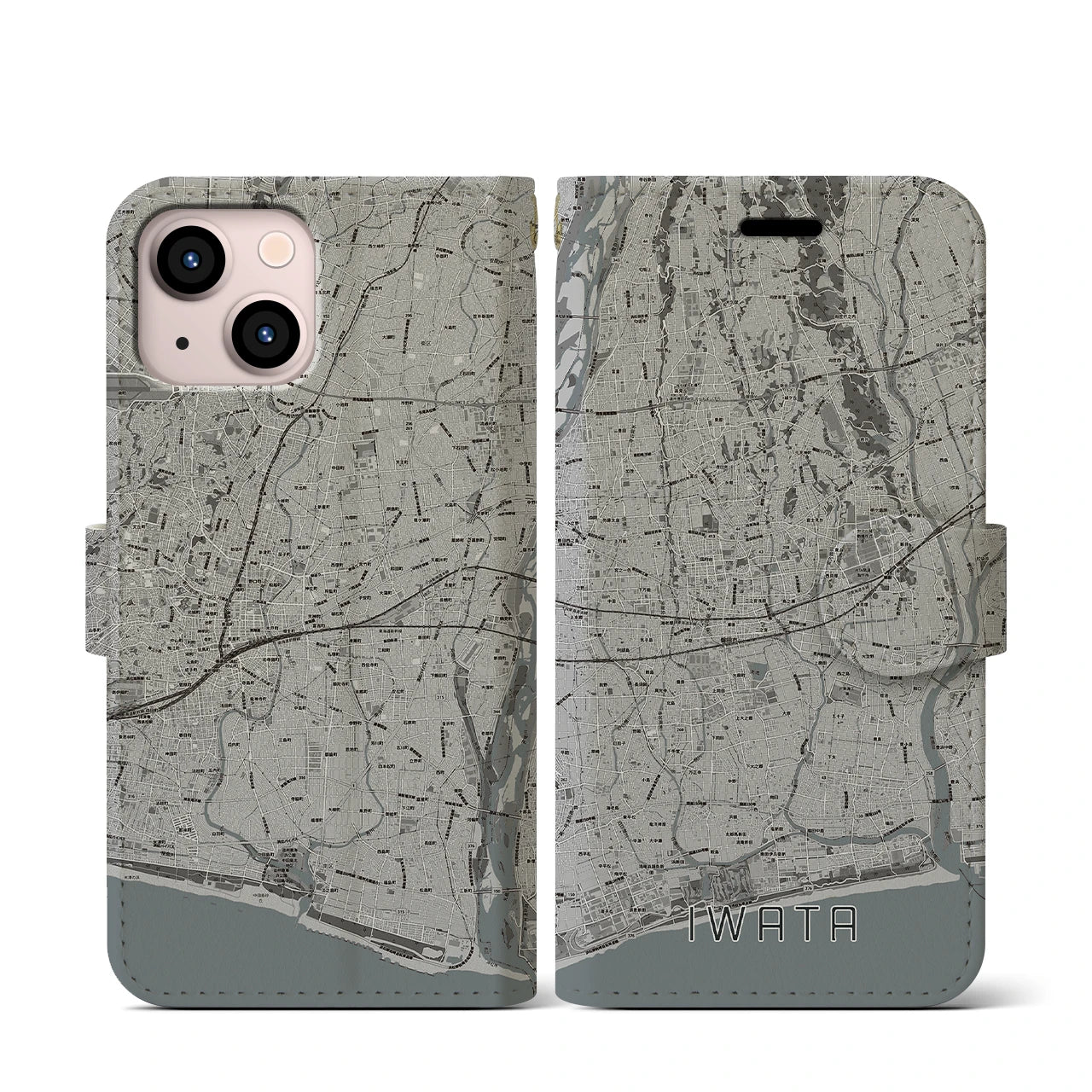 【磐田(静岡県)】地図柄iPhoneケース(手帳タイプ)モノトーン・iPhone 13 mini 用