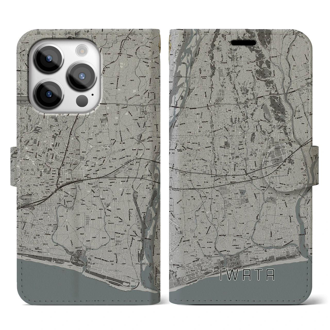 【磐田(静岡県)】地図柄iPhoneケース(手帳タイプ)モノトーン・iPhone 14 Pro 用