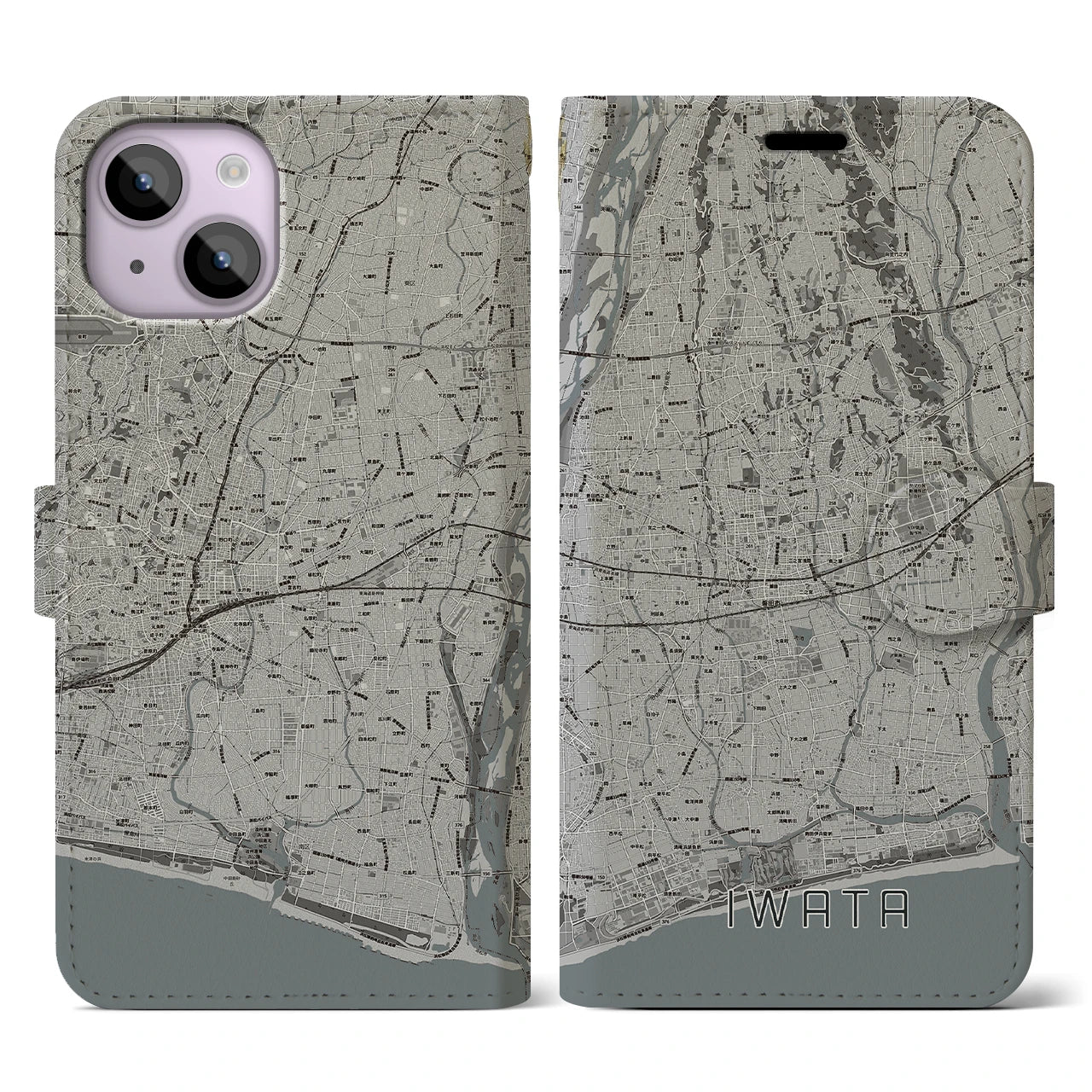 【磐田(静岡県)】地図柄iPhoneケース(手帳タイプ)モノトーン・iPhone 14 用