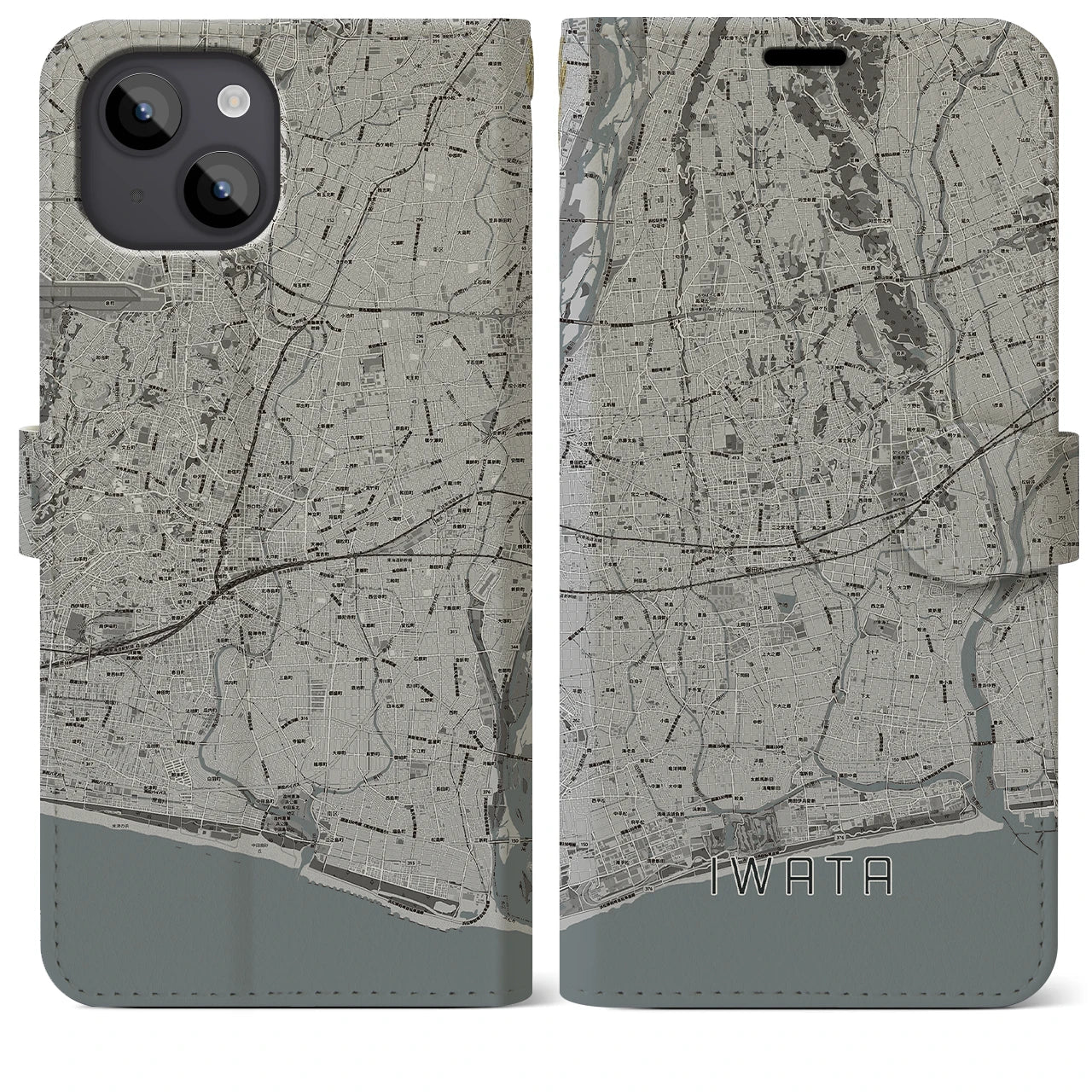 【磐田(静岡県)】地図柄iPhoneケース(手帳タイプ)モノトーン・iPhone 14 Plus 用