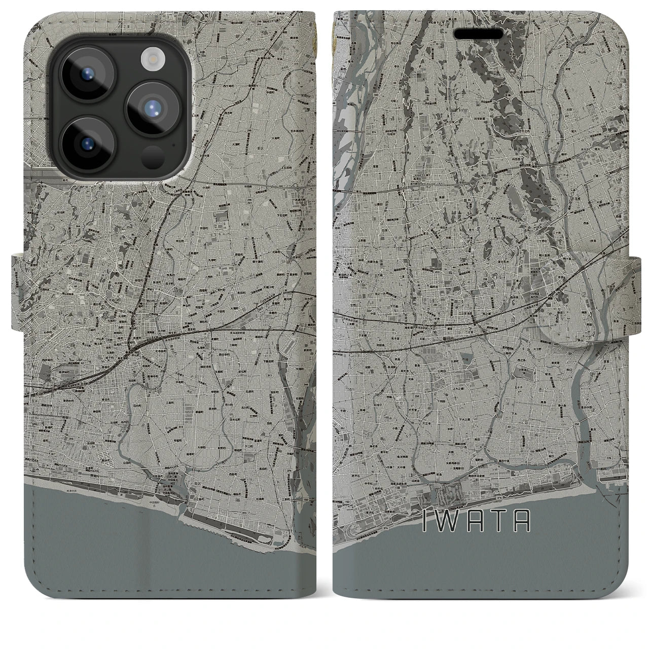 【磐田(静岡県)】地図柄iPhoneケース(手帳タイプ)モノトーン・iPhone 15 Pro Max 用