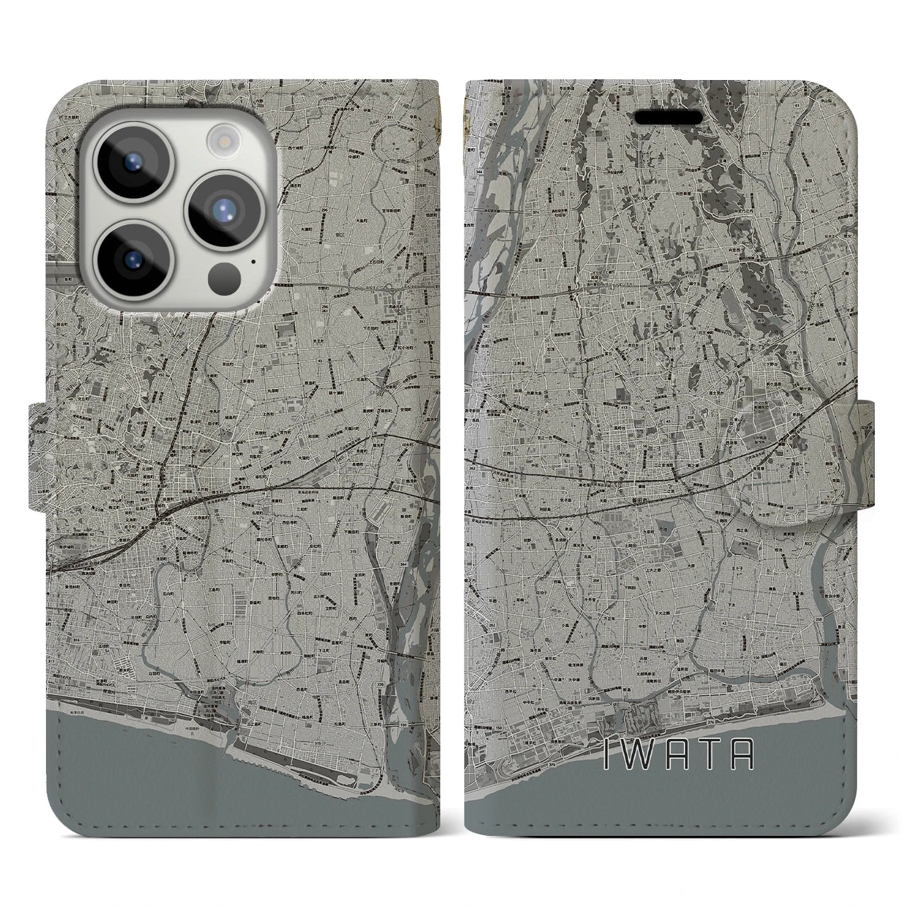 【磐田(静岡県)】地図柄iPhoneケース(手帳タイプ)モノトーン・iPhone 15 Pro 用