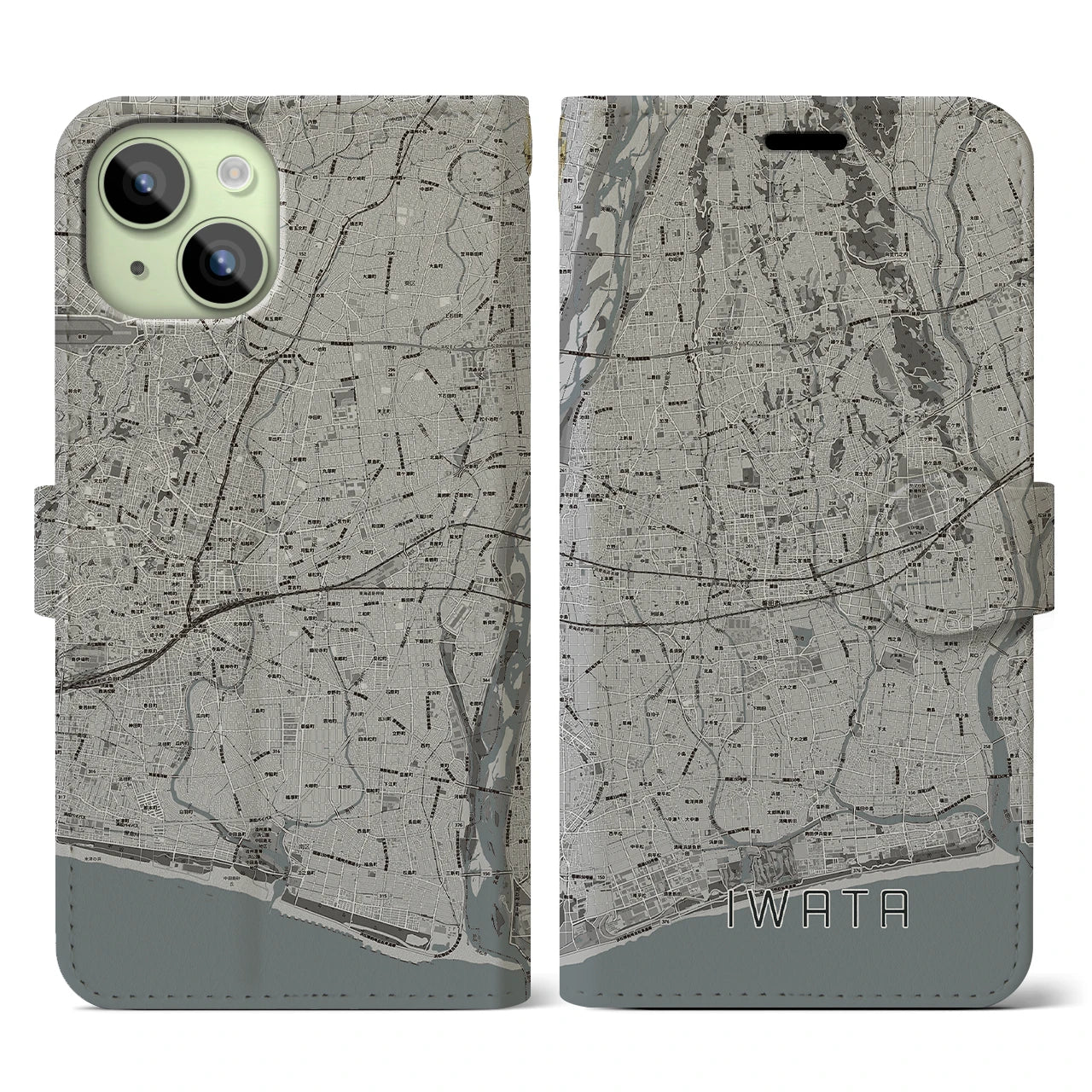 【磐田(静岡県)】地図柄iPhoneケース(手帳タイプ)モノトーン・iPhone 15 用