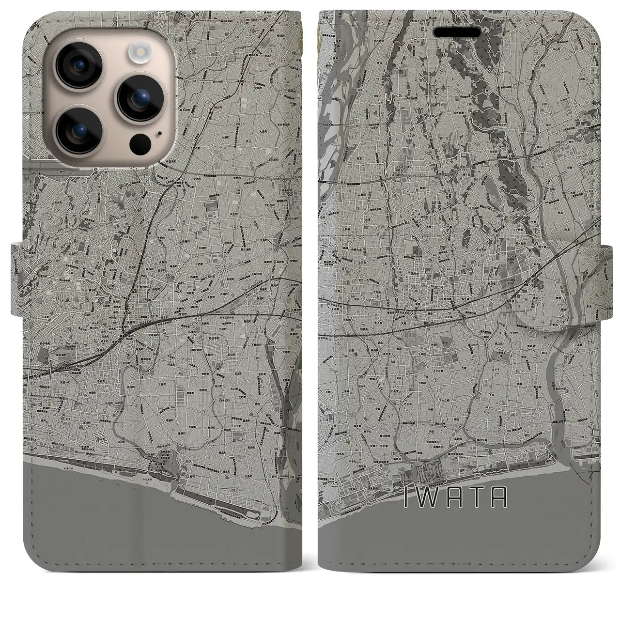 【磐田(静岡県)】地図柄iPhoneケース(手帳タイプ)モノトーン・iPhone 16 Plus 用