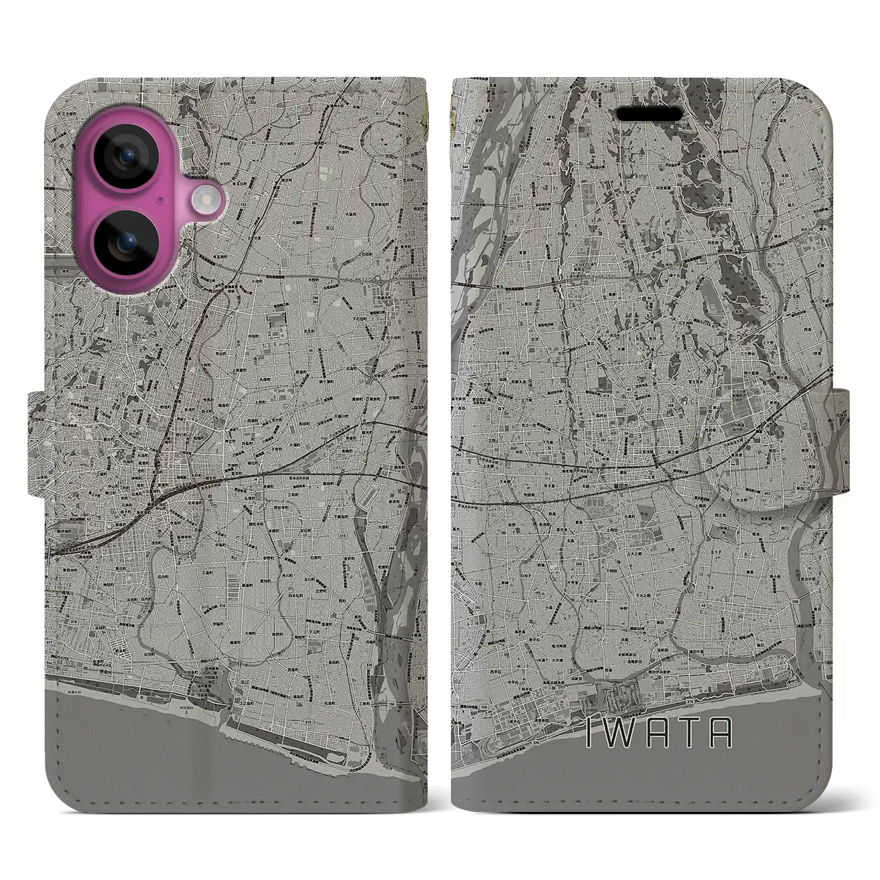 【磐田(静岡県)】地図柄iPhoneケース(手帳タイプ)モノトーン・iPhone 16 Pro 用