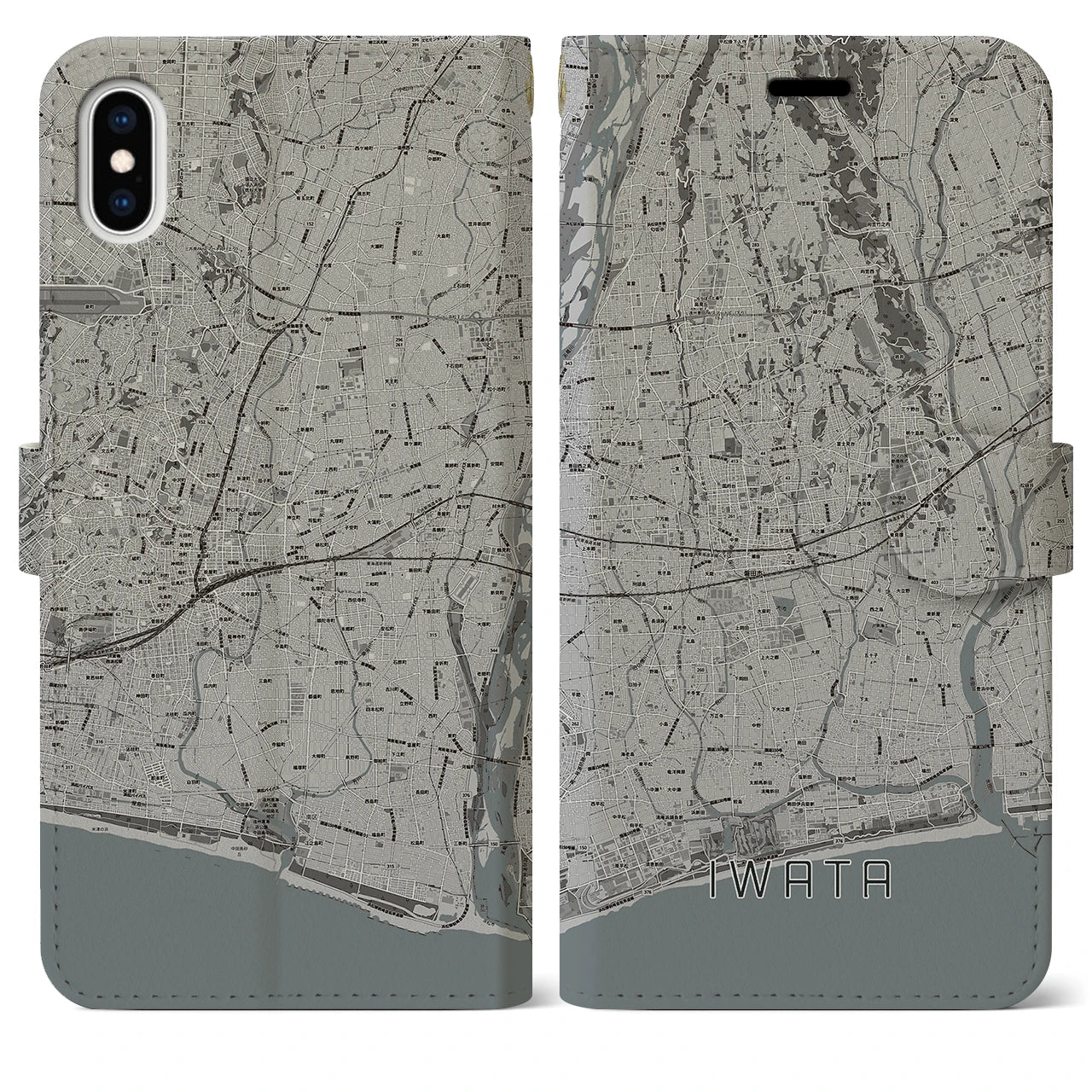 【磐田(静岡県)】地図柄iPhoneケース(手帳タイプ)モノトーン・iPhone XS Max 用