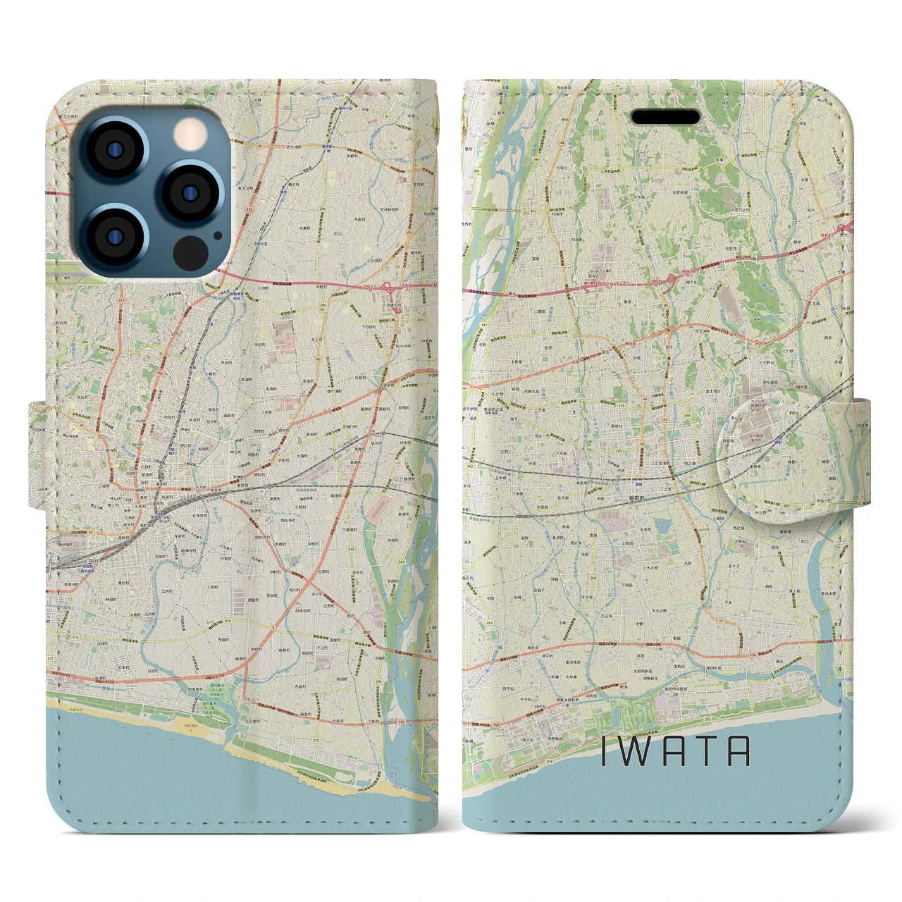 【磐田(静岡県)】地図柄iPhoneケース(手帳タイプ)ナチュラル・iPhone 12 / 12 Pro 用