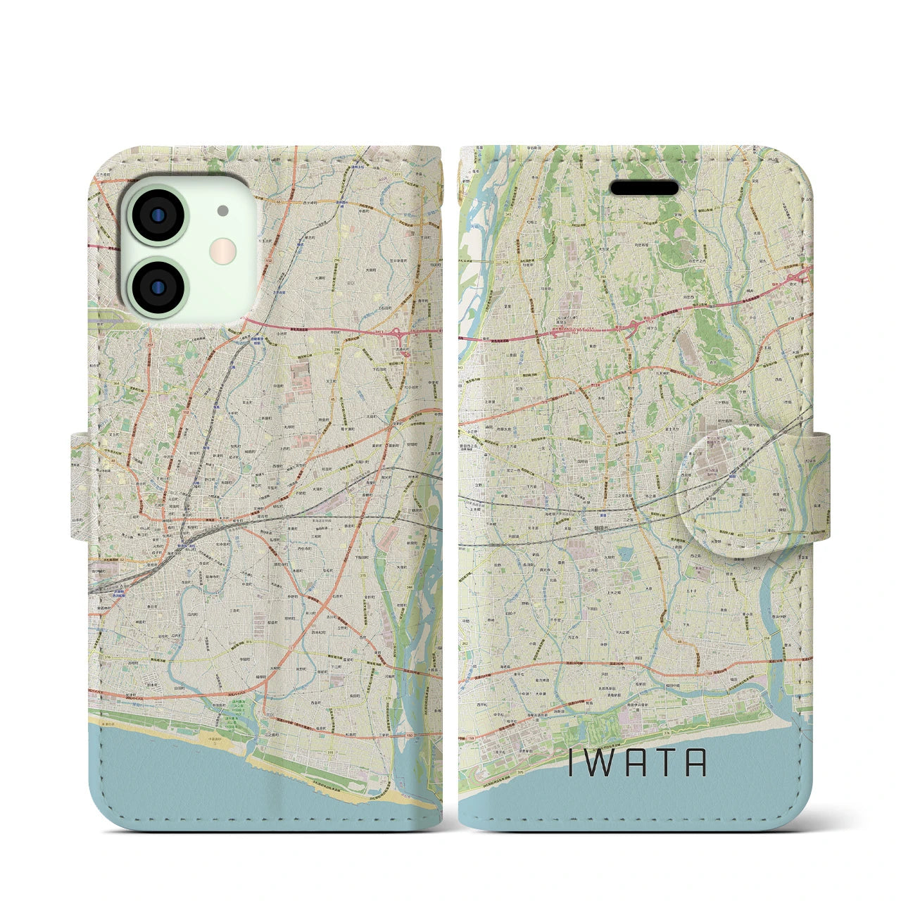 【磐田(静岡県)】地図柄iPhoneケース(手帳タイプ)ナチュラル・iPhone 12 mini 用